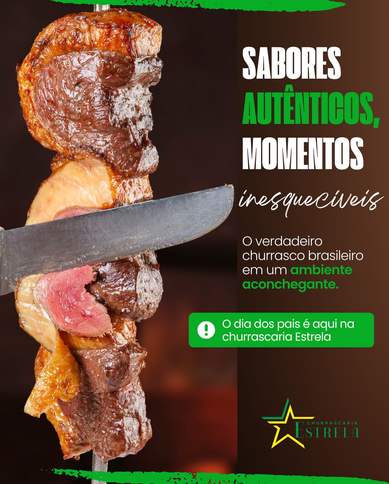 🍖 Domingo é Dia dos Pais, então é dia de celebrar com sabor e carinho! 🥩
Neste Dia dos Pais, reúna a família e venha almoçar com a gente na churrascaria!
Um almoço especial, com cortes nobres, buffet completo e aquele clima que só um verdadeiro churrasco pode proporcionar.
👨👧👦 Porque todo pai merece um dia inesquecível... e bem servido!
🎨 E tem mais: preparamos um cantinho especial para as crianças!
Elas poderão colorir uma imagem de Super Pai ou Super-Herói, entregar com amor ao papai, tirar uma foto e marcar a gente nas redes sociais! 📸💙
Vai ser lindo, emocionante e cheio de memórias!
📍Venha comemorar com a gente