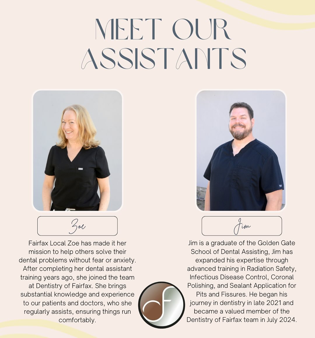 📣 Meet Our Incredible Dental Assistant Team! 🦷
Zoe and Jim ✨
Behind every smooth visit and bright smile, there’s our amazing dental assistant team! Zoe and Jim ensure your experience is as comfortable and stress-free as possible. From assisting with procedures to making you feel right at home, they are always here to help!
#DentistryofFairfax #DentalAssistants #MeetTheTeam #PatientCare #DentalOffice #SmileExperts #DentalFamily #BehindTheScenes #Teamwork