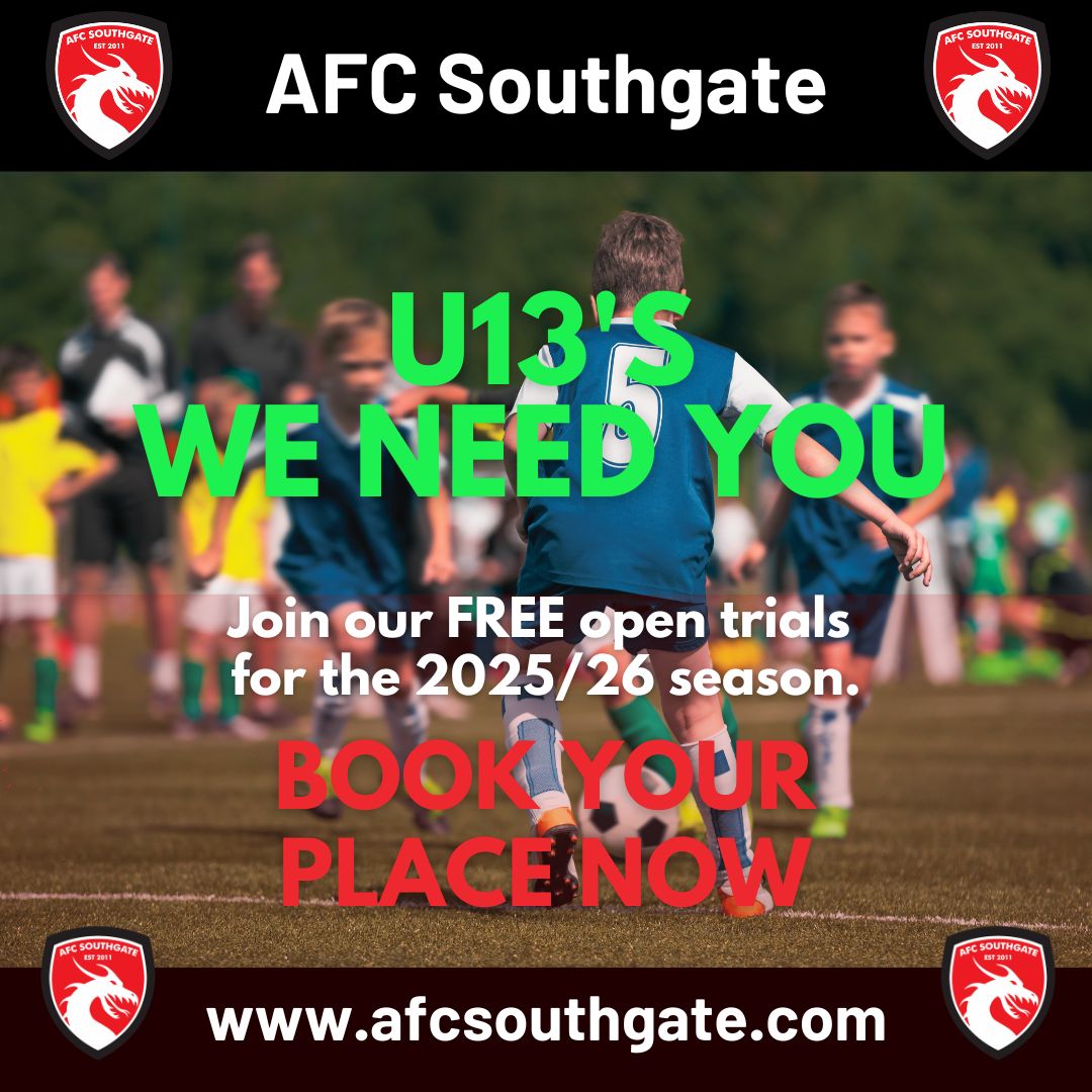 ⚽️ NOW RECRUITING: U13s
Passionate, dedicated, and love football? AFC Southgate are welcoming new U13 players for the 2025/26 season.
💥 Book a FREE trial now via our website or DM us today!
📍 North London
#AFCSouthgate #U13Football #GrassrootsLondon