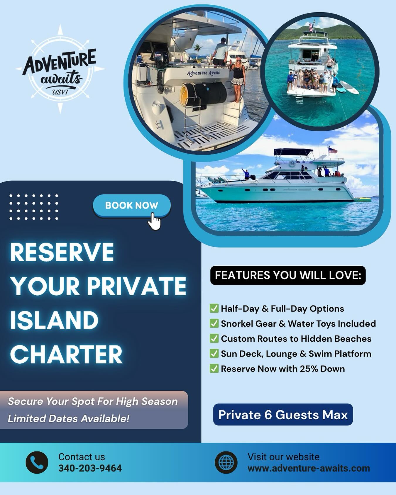 🌴Ready to escape the ordinary? From hidden beaches to turquoise waters, our private charters are crafted for unforgettable moments. Choose half-day or full-day adventures with snorkel gear, water toys, a spacious sun deck, and your own custom route. 🌊✨
Private charters for up to 6 guests max. Reserve your spot for high season now with just 25% down — limited dates available!
💫 Book your island escape today:
👉 www.adventure-awaits.com
📞 Call/Text: 340-203-9464
📧 Email: AdventureAwaitsusvi@gmail.com
#AdventureAwaits #PrivateCharter #LuxuryYacht #IslandEscape #BucketListTrip #SnorkelAdventure #ExploreMore #HiddenBeaches #YachtCharter #TropicalGetaway #CaribbeanDreaming #VacationGoals #TravelInStyle #OceanLife #UnforgettableJourneys #SailAway #LuxuryTravel #EscapeTheCrowds #IslandHopping #NowBooking