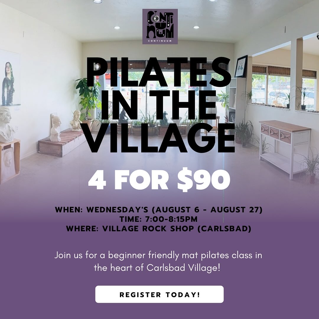 ✨ Beginner-Friendly Mat Pilates in Carlsbad Village
Join us this summer for a grounding and energizing mat Pilates class—perfect for beginners and those returning to movement. Build strength, flexibility, and confidence in a welcoming and supportive space.
🗓 When: Wednesdays, July 9 – August 27
⏰ Time: 7:00–8:15 PM
📍 Where: Village Rock Shop, Carlsbad, CA
🚗 Parking: Street parking only
💰 Pricing:
• $25 Drop-In
• $90 4 classes on August
This class is for you if you’re looking to:
✔ Learn the Pilates method in a safe, informed environment
✔ Stay consistent and accountable with weekly workouts
✔ Understand movement principles that carry into other practices
✔ Join a like-minded community focused on wellness
What to Bring:
• Exercise mat (a few loaners available)
• Small/medium towel (used as a prop for key exercises)
• Water
• Comfortable clothes you can move in
Open to beginner and intermediate levels.
Have injuries or medical conditions? Please reach out before registering so we can help determine if private lessons may be a better fit.
Link in bio to register
📧 Contact us: info@continuumartspilates.com