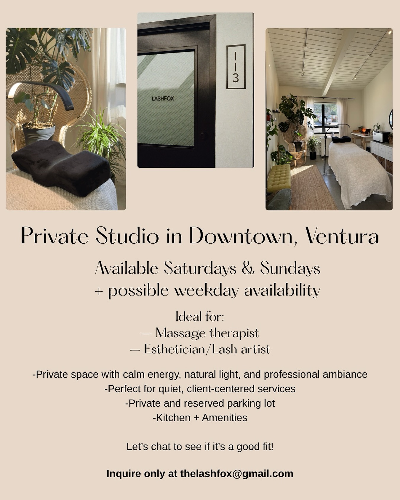 Ventura friends— I’m opening up my private studio for part-time rental! If you’re a massage therapist, esthetician, or lash artist looking for a peaceful, clean space to work with clients, let’s connect.
📍Located in Downtown, Ventura
🗓 Available Saturdays & Sundays (Weekday options may be available)
Please email thelashfox@gmail.com for details, photos, and to come take a look.
#VenturaStudioRental #VenturaLashArtist #MassageTherapistVentura #EstheticianStudioSpace #VenturaSmallBusiness