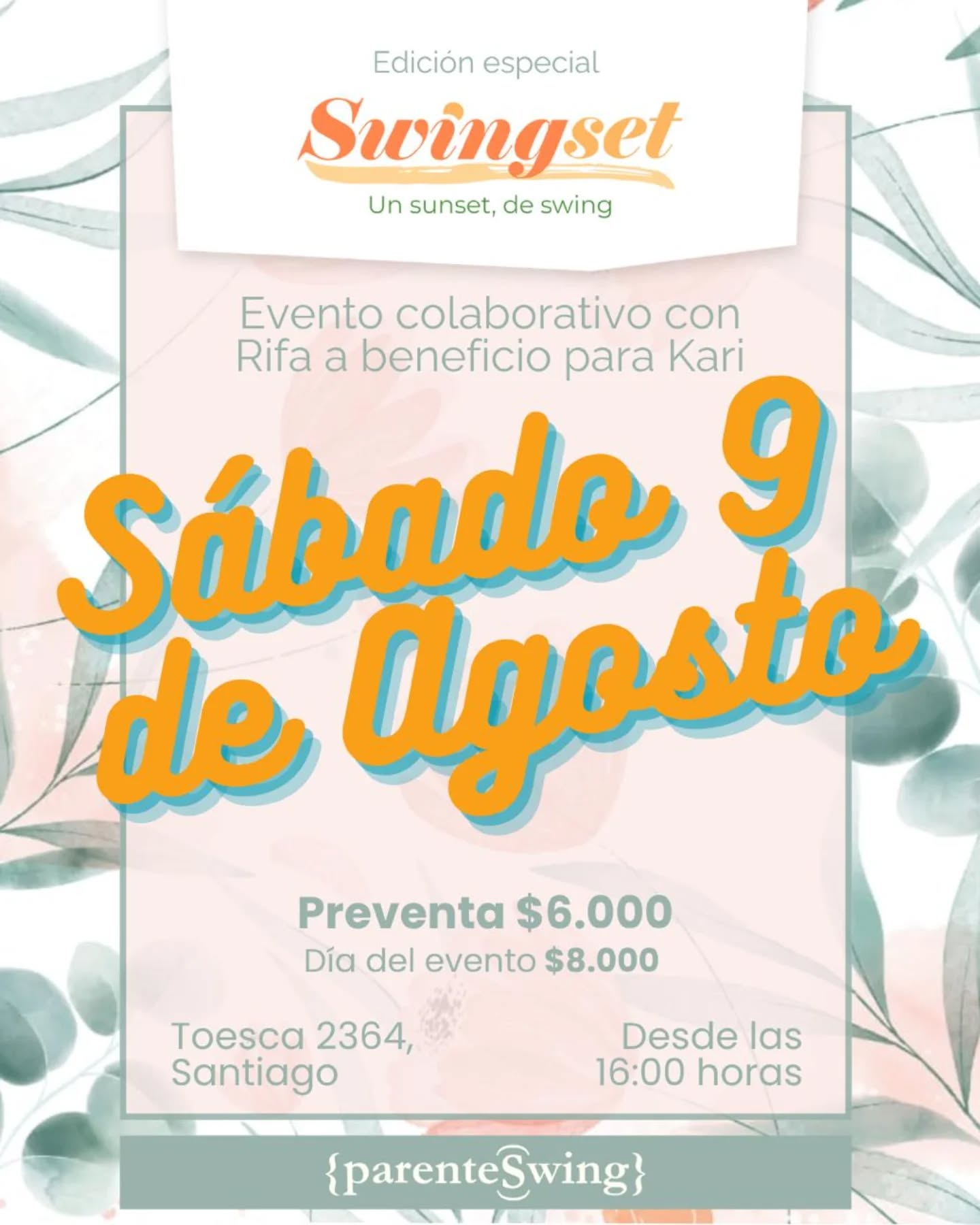 🎷 SWINGSET 🎷
📍 Toesca 2364 – Santiago
🗓️ Sábado 09 de agosto · 16:00 a 22.00 hrs
🎟️ Adhesión: $6.000 (preventa) / $8.000 (día del evento)
ParenteSwing te invita a una tarde de música, baile, comida y buena onda 🕺💃
Este evento fue programado y pensado en un comienzo para poder apalear los gastos del festival Lindy Poh! Ya que buscamos hacer un festival accesible y de calidad para toda la comunidad.
✨ Pero además, sumamos un espacio especial para apoyar a Karina Papic, querida integrante de la comunidad swing de La Serena, quien enfrenta un complejo tratamiento médico tras ser diagnosticada con un tumor cerebral.
💜 Por eso, abriremos una rifa solidaria, cuyas ganancias irán 100% a cubrir sus gastos médicos.
🎯 ¿A dónde va el dinero?
Lo recaudado en entradas y comidas será destinado al Lindy Poh! para cubrir los gastos de producción del evento. Y las ganancias de las rifas y aportes voluntarios irán 100% a Kari.
A través de nuestra web, podrás:
🎟 Comprar tu entrada
🎁 Donar premios o servicios
💸 Hacer aportes voluntarios
👩🏻💼 Contactar a un vendedor de Rifas
Durante el evento también podrás comprar números de rifa y donar directamente.
Todos los links en la bio! Les esperamos ✨💕