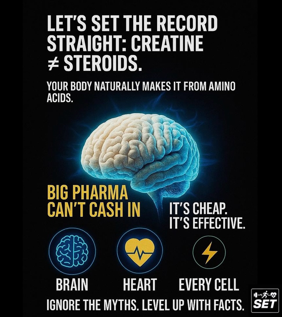 Let’s set the record straight👇🏼
Creatine ≠ Steroids.
Your body naturally makes it from amino acids.
But here’s the catch —
💊 Big Pharma can’t cash in.
It’s cheap. It’s effective. And it can’t be patented.
So they stay quiet…
But you shouldn’t.
Creatine fuels your brain 🧠, heart ❤️, and every cell in your body ⚡️.
Ignore the myths.
Level up with facts.
Take Creatine !
#SweatEquity #CreatineFacts #TrainSmart #creatine #MakeItHappen #mindset
