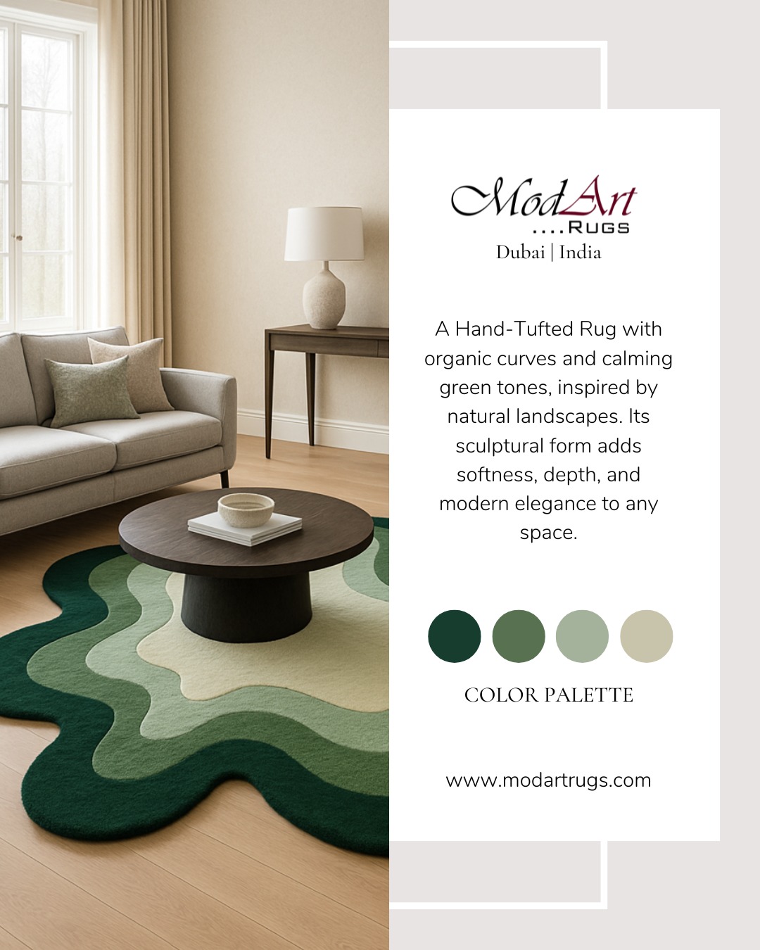 Where nature meets design 🍃
This hand-tufted rug brings calm, curves, and character to your space - crafted in a serene palette of greens. A sculptural statement for modern living.
📩 Contact us to get started on your custom order.
#modartrugs #handtuftedrug #interiorinspo #moderndecor #greenvibes #rugdesign #contemporaryliving #dubaiinteriors
{Luxury carpets in Dubai, Handwoven rugs, Custom-made carpets, Dubai interior trends, Traditional carpet craftsmanship, Premium floor coverings, Carpet design inspiration, Made-to-order rugs, Bespoke home decor Dubai, Home decor}