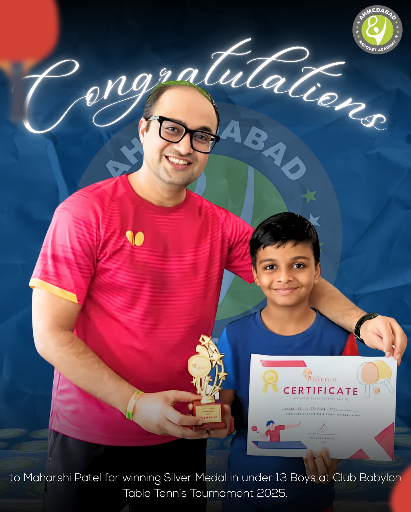 🏓 Silver Success Alert!
Congratulations to Maharshi Patel for securing the Silver Medal in the Under-13 Boys category at the Club Babylon Table Tennis Tournament 2025!
Your hard work and dedication continue to inspire everyone at Ahmedabad Racquet Academy.
Keep aiming higher! 💪🎖️
#AhmedabadRacquetAcademy #TableTennis #RisingStar #SilverMedalist #ClubBabylon #YouthChampions #ARA #ProudMoment