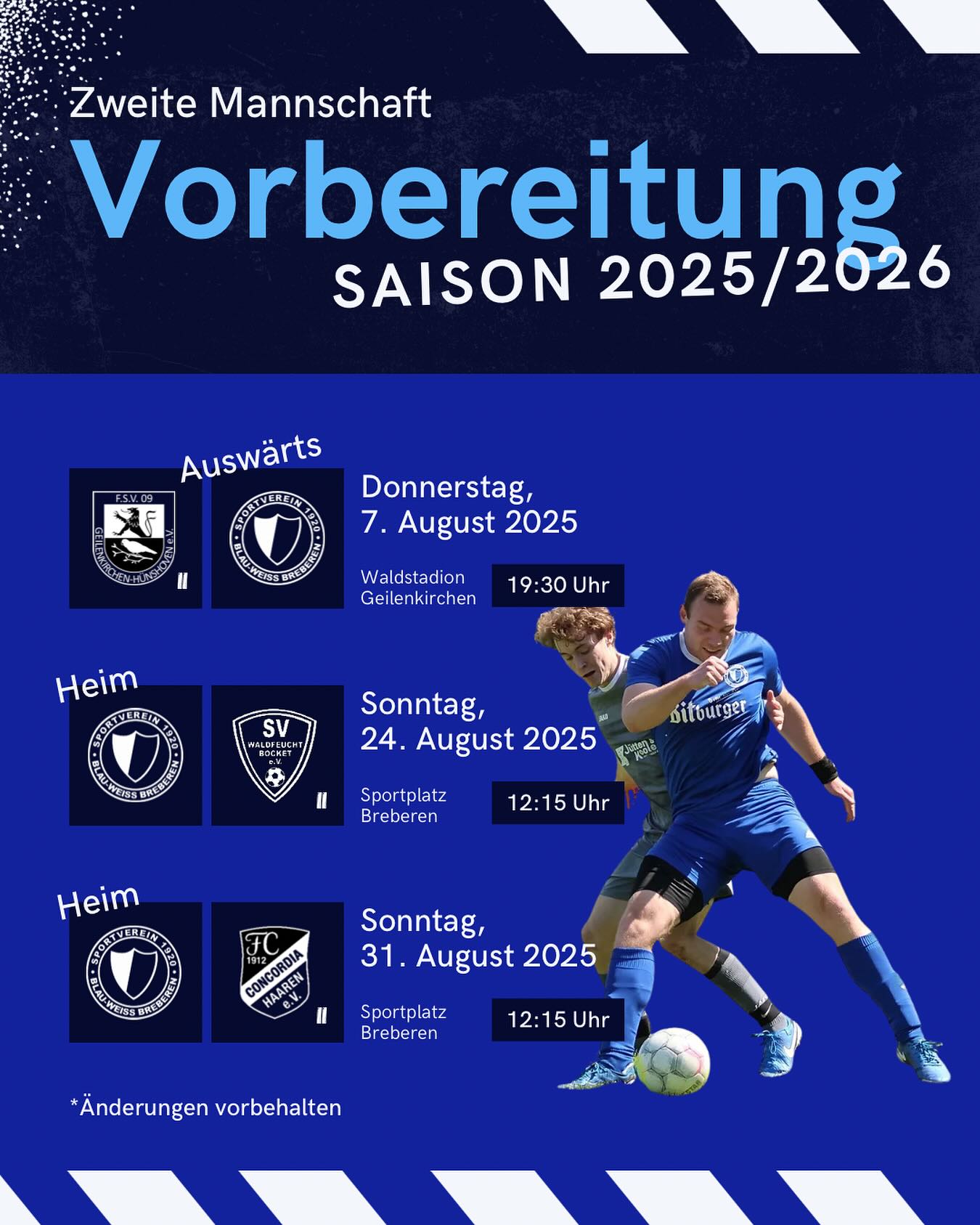 🔵⚪️ Testspielzeit für unsere Zweite ⚪️🔵
Morgen beginnt auch für unsere Reserve die heiße Phase der Saisonvorbereitung. Zum Auftakt steht ein spannendes Auswärtsspiel beim @fsvgeilenkirchen II auf dem Programm. Anstoß ist um 19:30 Uhr im Waldstadion Geilenkirchen.
Wir freuen uns auf eure Unterstützung vor Ort, um gemeinsam einen starken Start in die Vorbereitung hinzulegen. Weitere Testspiele gegen die Zweitvertretungen des @sv_waldfeucht_bocket und @concordiahaaren folgen.🔥💪🏻 @svbreberen2
📸: @miriamsenft
