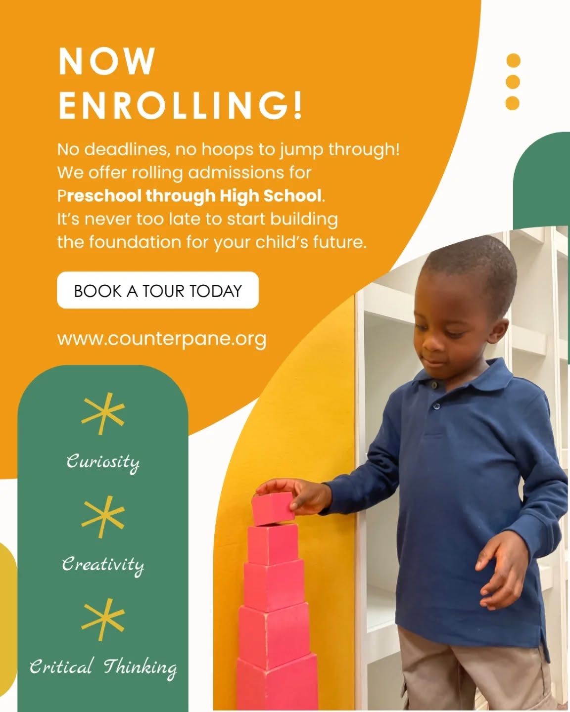 Missed the first day of school? No problem! We offer open enrollment throughout the year. Contact us today to book a tour and come see the world we're building together 🌎