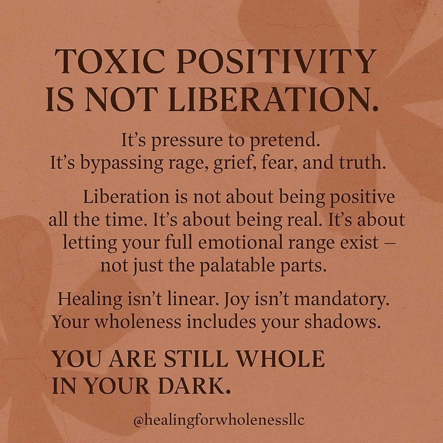 Loving reminder on this #toxictuesday that if you’ve been told to “stay high-vibe” while navigating injustice, grief, or emotional pain- that wasn’t healing, that was erasure.
Toxic positivity tells us to “choose joy” no matter what.
Liberation tells us: you’re allowed to feel it all.
That’s what makes space for real transformation.
Let your grief breathe. Let your rage rise.
You don’t owe the world constant light, you are still whole in your dark.
#ToxicTuesday #MichiganTherapist #BIPOCTherapist #TherapyForBlackGirls #BoundariesAreLove #RecoveringPeoplePleaser #PeaceOverPeoplePleasing #HealingIsNotSelfish #WomenOfColorHealing #SelfCareIsSacred #MentalHealthForBIPOC