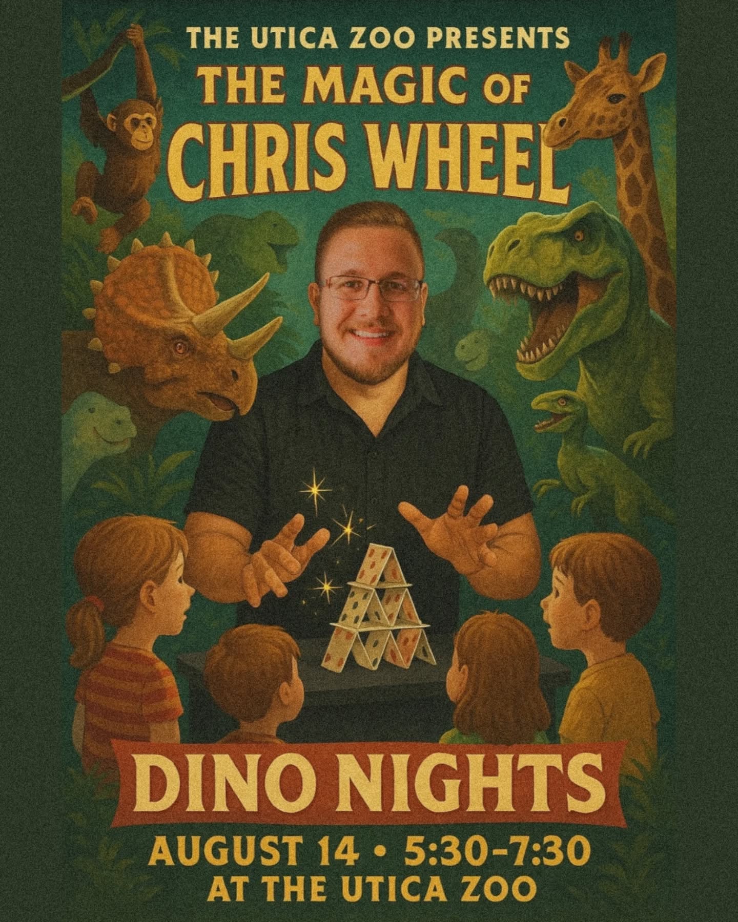 🦖🎩 Dino Nights are back… and I’m bringing the magic!
Come hang out with me at The Utica Zoo on August 14th from 5:30–7:30 for a night full of dinosaurs, magic, music, and all kinds of fun stuff for the whole family.
I’ll be performing my show right in the middle of the action—so you might see me make something disappear… but hopefully not a T-Rex. 🦕✨
It’s going to be a blast. Grab your friends, your kids, your neighbors, and anyone who’s ever said “I’ve never been to a magic show with dinosaurs before.”
🎟️ See you there!
#DinoNights #UticaZoo #MagicShow #ChrisWheelMagic #FamilyFun #UticaNYEvents