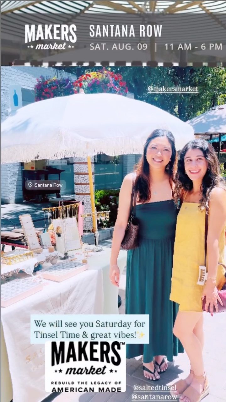 We are excited for Saturday Sparkles👏🏽..
We will be back in San Jose @santanarow for @makersmarket this Saturday, August 9th from 11-6PM for Tinsel time & to add to your permanent jewelry collection or add some of our @saltedtinsel sparkle for the first time!
There will be a lot of other awesome craftsman to check out & enjoy the fantastic music from @ashersternmusic , many great food & specialty drink options!
See you Saturday! 💗
