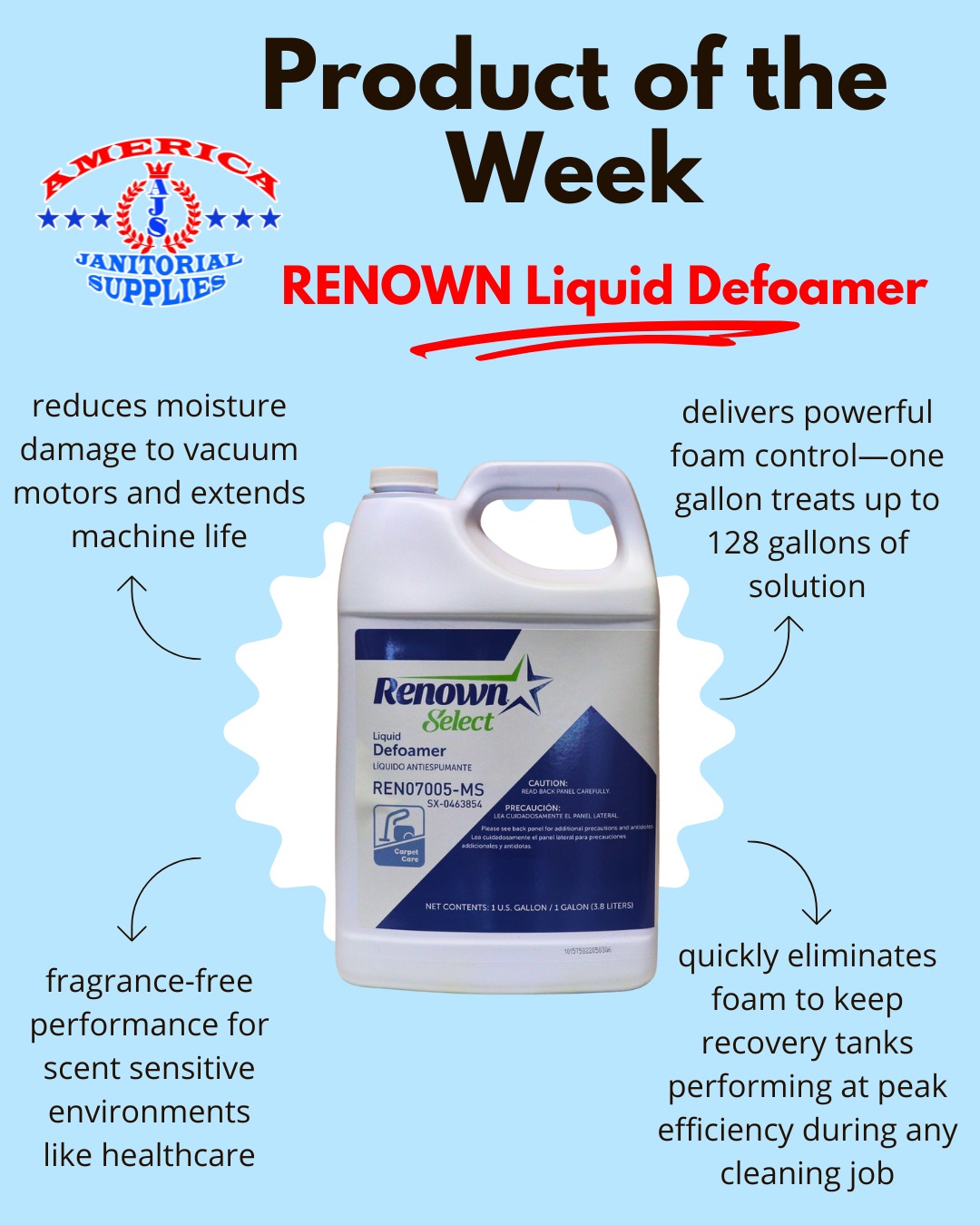 Say goodbye to stubborn foam and hello to smoother cleaning! 🫧 The Renown Select Liquid Defoamer works fast to keep recovery tanks performing at their best, protects your equipment from costly moisture damage, and packs serious power—one gallon treats up to 128 gallons of solution. Plus, it’s fragrance-free, making it perfect for scent-sensitive spaces like healthcare and hospitality.
#JanitorialSupplies #CleaningSolutions #FloorCare #WeKeepItClean #CommercialCleaning #FacilityMaintenance #CleanBetter