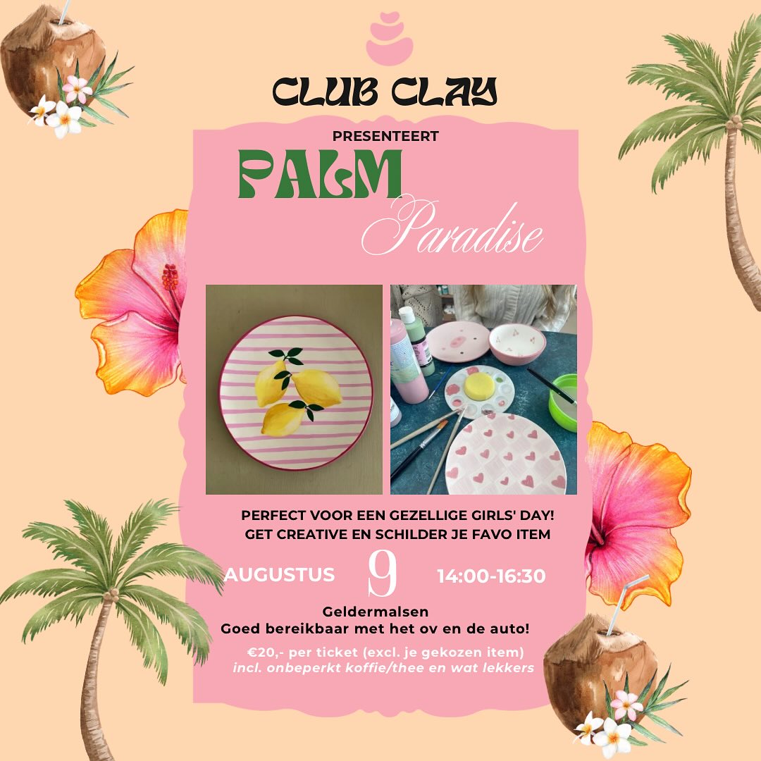 🌴✨ Alohaaa! Het thema van deze week is: Palm Paradise!
Tropische vibes, kokosgevoel & een flinke dosis kleur 🌺🎨
De ochtend is al uitverkocht, maar… er zijn nog een paar plekjes in de middag!
Zin in een creatief, zomers momentje met je bestie? Kom gezellig meedoen🍹💕
#clubclay #palmparadise #keramiekschilderen #vriendinnenuitje #creatiefmomentje #zomersuitje #paintandchill #tropicalvibes