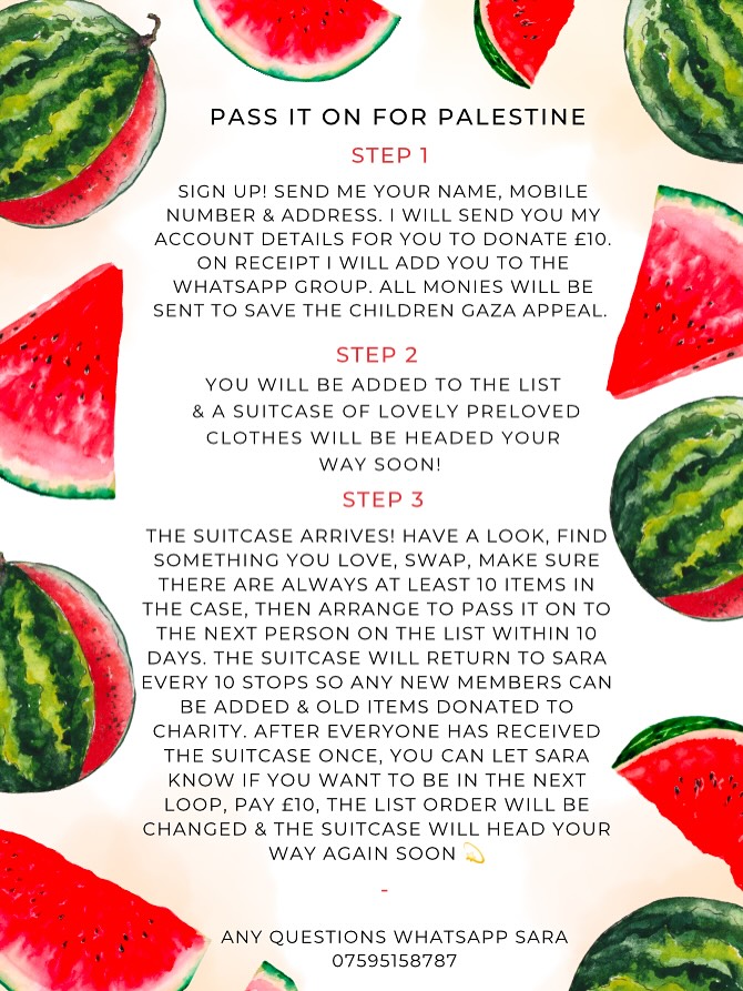 We’ve started the travelling suitcase where I live as a way to recycle and pass on preloved clothing whilst raising money for Palestine. If you think you’d like to give it a go in your area too, feel free to copy the info ❤️🩹🇵🇸 #freepalesti̇ne #freefree #palestine #gaza #savethechildren #preloved #swap #mentalhealthworkeruk4palestine #therapists4palestine