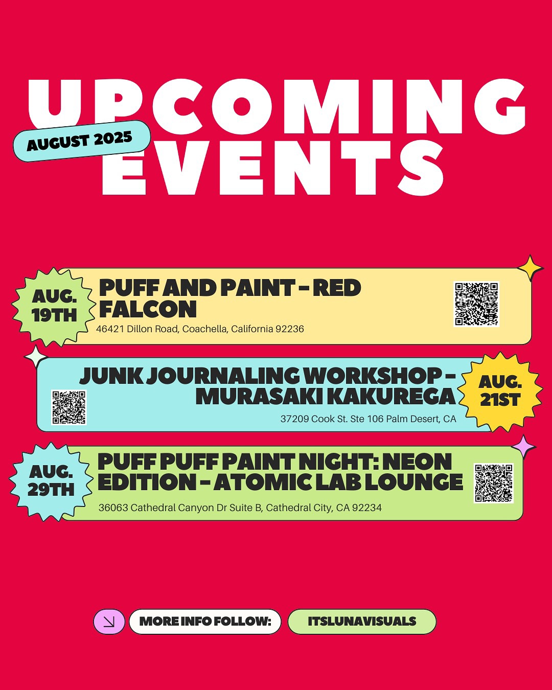 🎉✨ We’re keeping things light this August as we celebrate 5 YEARS of creativity, community, and vibes! ✨🎉
We’re bringing you a month of good vibes, art, and connection:
🖌️ Aug 19th: Puff & Paint at @redfalconlounge
📍Coachella
📚 Aug 21st: Junk Journaling Workshop at @mkmangacafe 📍Palm Desert
🌈 Aug 29th: Puff Puff Paint Neon Night at @atomiclablounge 📍Cathedral City
🌿 420-friendly | 🎶 Good energy | 🖌️ All materials included (except journals for the journaling workshop!)
💥 Early bird discounts available on select events!
⚠️ Spots are limited and expected to sell out - secure yours early!
#puffandpaint #junkjournaling #neonpaintnight #palmdesert #cathedralcity #coachella #artcommunity #420friendlyevents #supportlocalcreatives #5yearbusinessanniversary #5yearsold