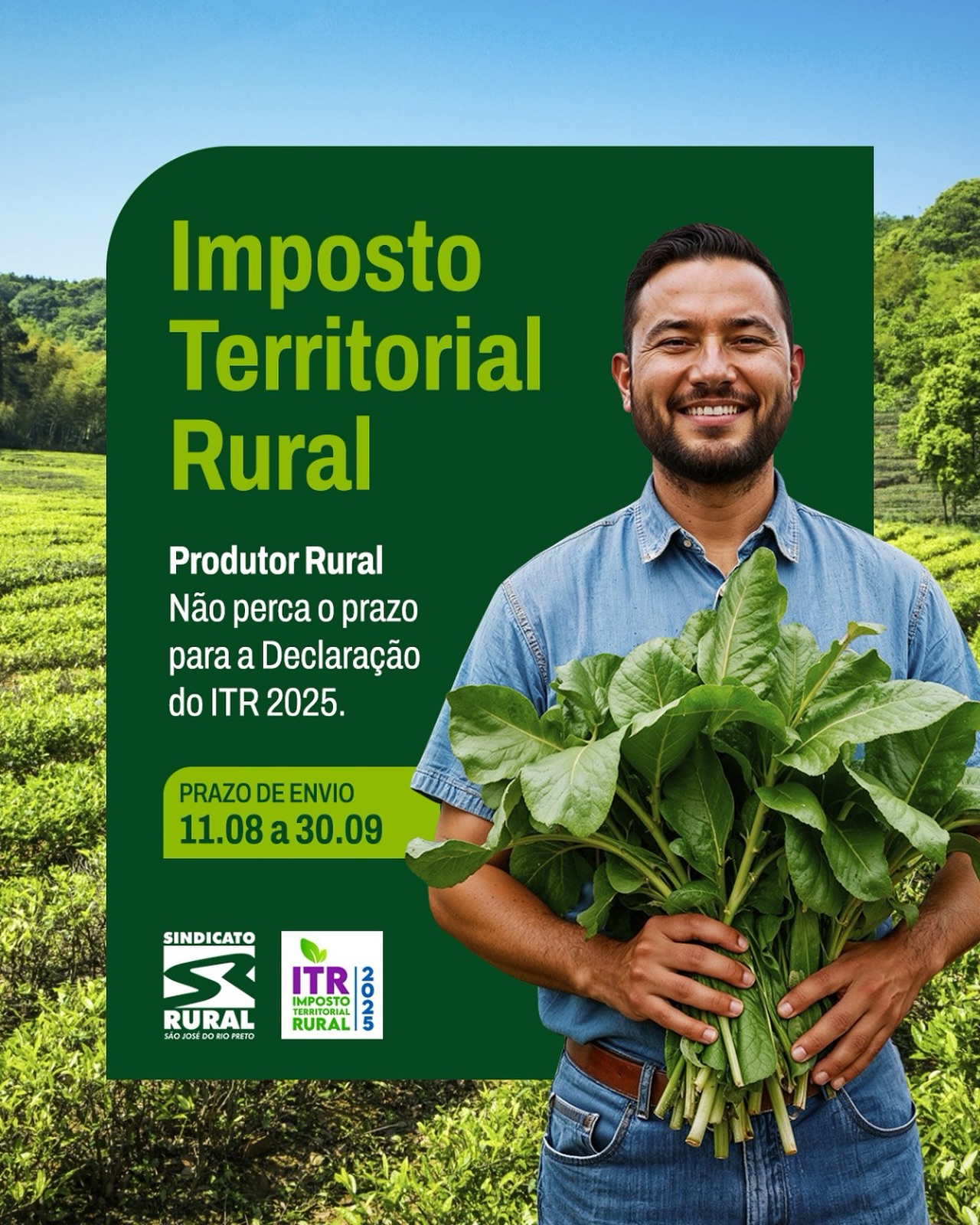 Atenção, proprietários de imóveis rurais!
A Receita Federal publicou a Instrução Normativa RFB nº 2.273/2025, que estabelece as regras para a entrega da Declaração do Imposto sobre a Propriedade Territorial Rural (DITR) 2025.
Prazo para entrega:
De 11 de agosto a 30 de setembro de 2025
Quem deve declarar, pessoas físicas ou jurídicas que sejam:
- Proprietárias de imóvel rural;
- Titulares do domínio útil;
- Possuidoras de qualquer título de imóvel rural.
Também devem declarar:
- Condôminos ou compossuidores;
- Contribuintes que perderam a posse ou direito de propriedade entre 1º de janeiro e a data da declaração;
- Inventariantes, cônjuges ou herdeiros de espólio.
❌ Estão dispensados apenas os contribuintes com imóveis considerados imunes ou isentos.
A Confederação Nacional de Municípios (CNM) reforça a importância do cumprimento do prazo, evitando multas e garantindo a regularidade da propriedade rural.
Para mais informações e orientações, acesse o site da Receita Federal: www.gov.br/receitafederal
Telefone: (17) 3232-5115⠀
Site: www.sindicatoruralsjrp.com.br
#sindicatoruralderiopreto #impostoterritorialrural #propriedaderural #agro #riopreto