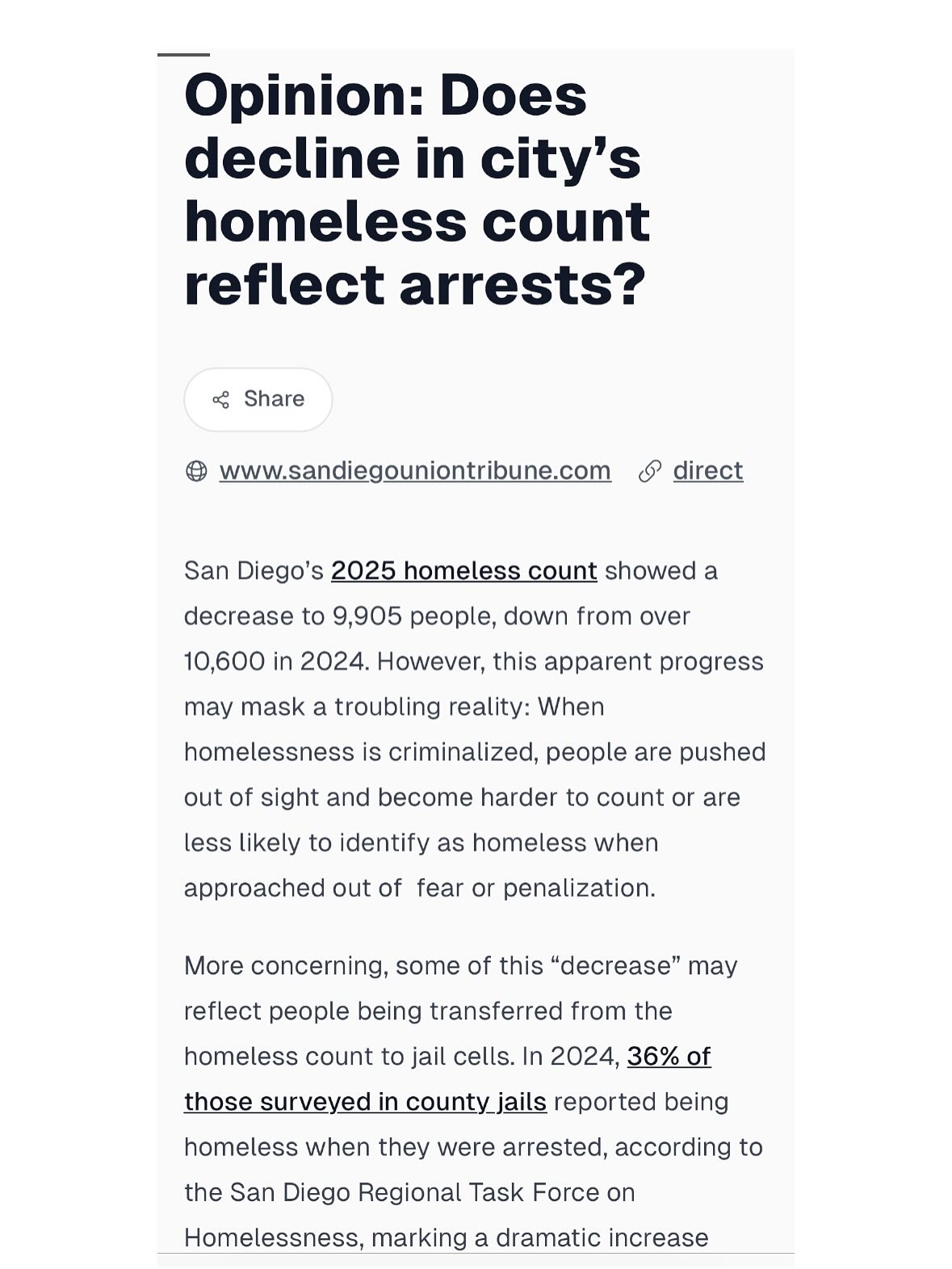 SoCal Street Medicine’s director Dr. Diab’s powerful op-ed in the San Diego Union Tribune highlights how the criminalization of the unhoused and the resulting increase in arrests of homeless individuals may be artificially lowering official homeless counts in San Diego. The piece argues that using arrests as a primary response to homelessness creates a false impression of progress while failing to address the root causes. Rather than celebrating decreased numbers, we should focus on providing genuine housing solutions and support services to our unhoused community. 📰 ✊🏽#sandiego #homelessness #sandiegouniontribune #housing #socalstreetmedicine