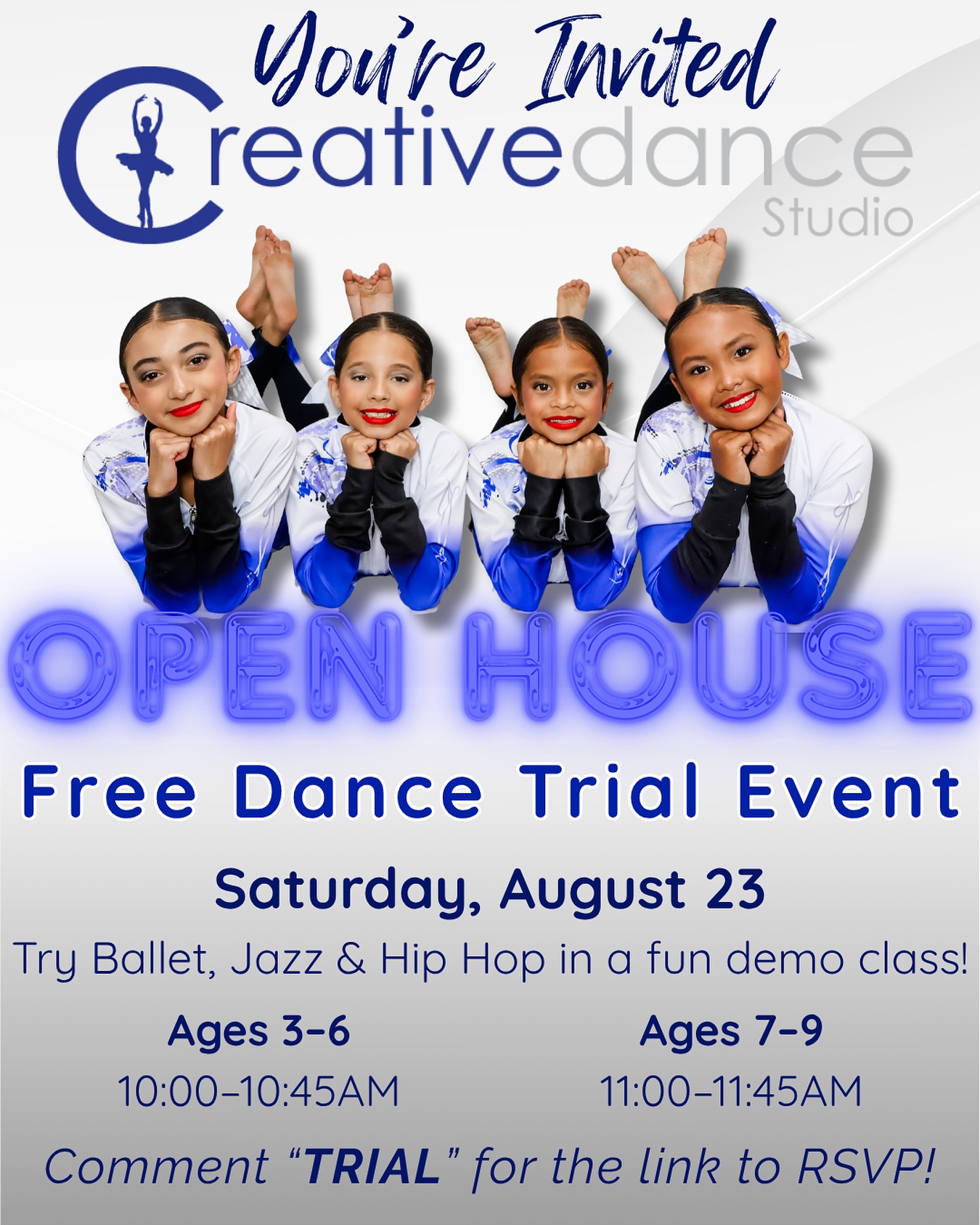 Curious if dance could be your child’s new favorite thing?💙
✨Join us at Creative Dance Studio’s Open House for a FREE trial class!!
Your child will get to try ballet, jazz, and hip hop in a fun, beginner-friendly class while you tour the studio and meet our amazing team. It’s a no-pressure way to see what we’re all about!
🎉 Try a class. Tour the studio. Meet the team.
Comment “TRIAL” to RSVP, we’ll send you the link!
