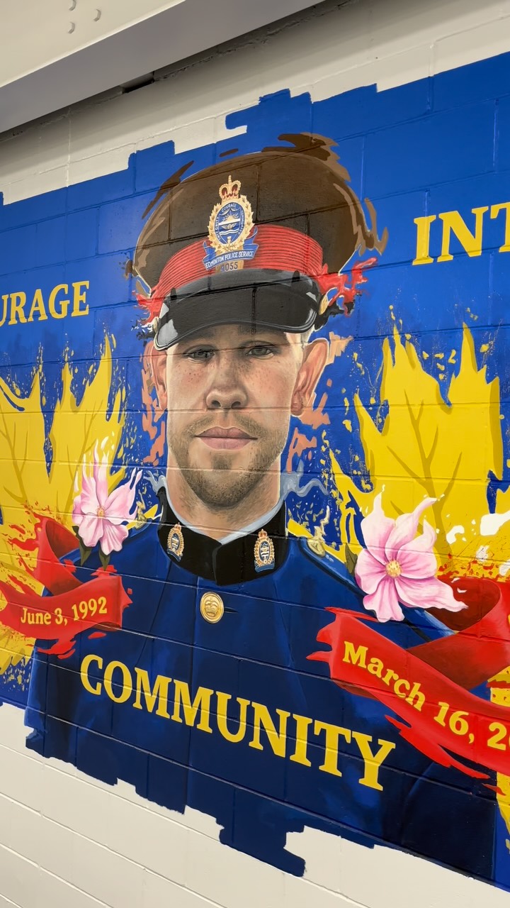 If you know Brett or know someone who knows him please leave a comment and share a memory so we can all get to know him a little better.
•
I love these types of projects where I get to be of service to something larger than myself and my own artistic pursuits. I get to be part of a community, help create memories, tell their story, their legacy, and add meaning and depth. This one definitely hits different and I can’t wait to rise to the next artistic challenge where I can be of service again. Thank you to the @cityofsprucegrove for trusting me with this, it’s been a pleasure to work with you.
•
#brettryan #eps #edmontonpolice #sprucegrove #edmonton #mural #muralist