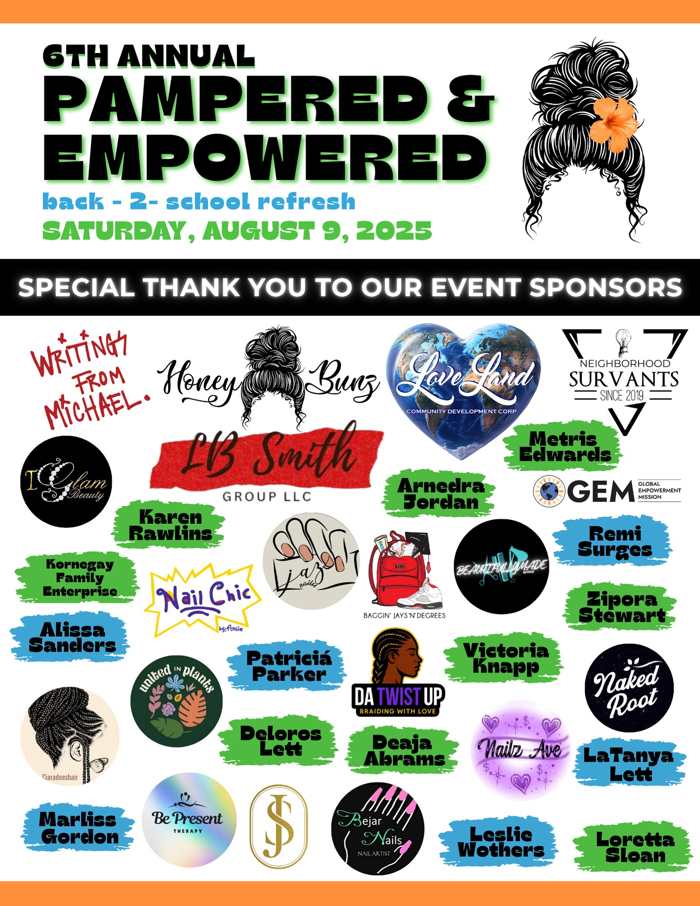We are ready to go for tomorrow’s 6th Annual Pampered & Empowered Back-2-School Refresh! Thank you to our incredible sponsors, we couldn’t do this without you! 💙🧡🌴✨🫂
