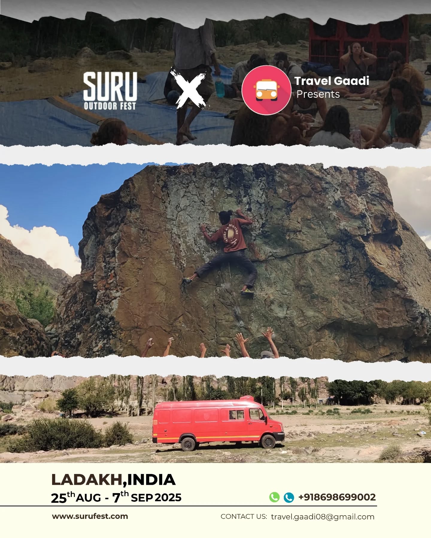 🚌 Travel Gaadi is all set to take you to India’s ultimate adventure festival – Suru Fest – now celebrating its 10th edition!
Happening from 25th August to 7th September in the breathtaking Suru Valley, this 2-week festival brings together athletes, artists, travellers, and curious souls from around the world for an unforgettable celebration of adventure, art, and community.
🌍 Whether you seek thrill, creativity, or connection – Suru Fest is where it all comes alive.
📩 Leave your enquiry now and start planning your journey with Travel Gaadi. Let the mountains move you!
#Surufest #Surufest25 #TravelGaadi #Outdoor
#Adventure #Decathlon #Festival #Bouldering #Climbing #Kayaking #Longboarding #Highlining #FlowArts #MTB #GaadiChalegiSuru #RideToSuru