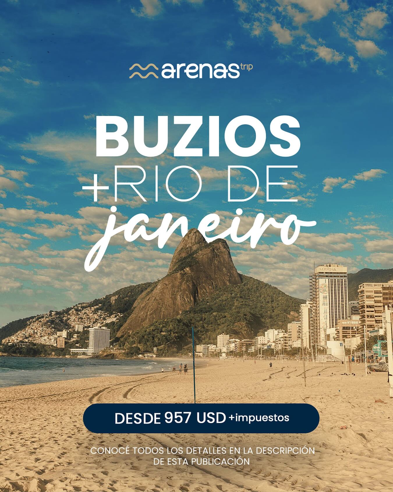✈️🌴 ¡Verano 2026 en Brasil! 🌞
¡7 noches inolvidables desde Córdoba a Río de Janeiro + Búzios!
📍 Febrero 2026
🌊 Playas paradisíacas, samba, sol y relax... ¡Todo en un solo viaje!
✨ Incluye:
✅ Vuelo DIRECTO con JetSmart – con 1 equipaje en bodega 🧳
✅ Traslados regulares: in/out + entre hoteles 🚌
✅ 5 noches en Búzios con desayuno 🍽
✅ 2 noches en Río de Janeiro con desayuno 🏖
✅ Excursión: Paseo en barco por las mejores playas de Búzios 🛥
✅ Asistencia al viajero Assist Card AC150 FULL (hasta 74 años) 🩺
🏨 Hoteles:
AUGUSTO´S COPACABANA HOTEL 3⭐
POUSADA NEW PARADISE 3⭐
💸❗️Precio FINAL: 1.123 usd (dólar billete)
📌 Base doble. Consultar diferencia para pasajeros mayores de 74 años.
👥 Ideal para parejas, familias o grupos de amigos.
📣 Cupos limitados – ¡Reservá con anticipación!
📩 Consultanos para más información sobre otras fechas por WhatsApp o mensaje directo.