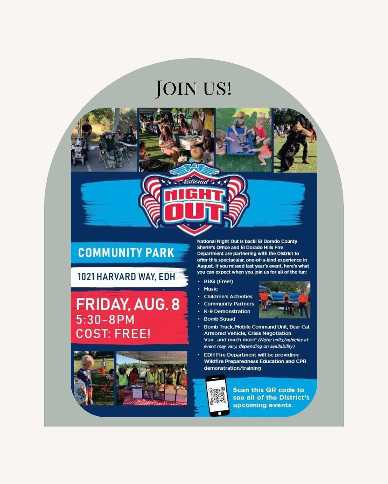 We’re thrilled to be a community partner for this year’s National Night Out in El Dorado Hills!
Hosted by the El Dorado Hills Community Services District, in collaboration with the El Dorado County Sheriff’s Office and the El Dorado Hills Fire Department, this annual event brings neighbors together to promote community safety, connection, and partnership with local law enforcement and first responders.
Meet the Deputies – Current and retired EDSO Deputies will be cooking up free hamburgers and hot dogs for everyone!
Stop by our Booth – Visit Sierra Moms for fun games and goodies for the whole family!
Enjoy a Full Evening of Activities:
• BBQ (Free!)
• Music
• Children’s Activities
• Community Partners
• K-9 Demonstration
• Bomb Squad
• Bomb Truck, Mobile Command Unit, Bear Cat Armored Vehicle, Crisis Negotiation Van – and more!
• Wildfire Preparedness Education & CPR Demos by EDH Fire Department
Don’t miss this fun, family-friendly night out with your neighbors—we’ll see you there!