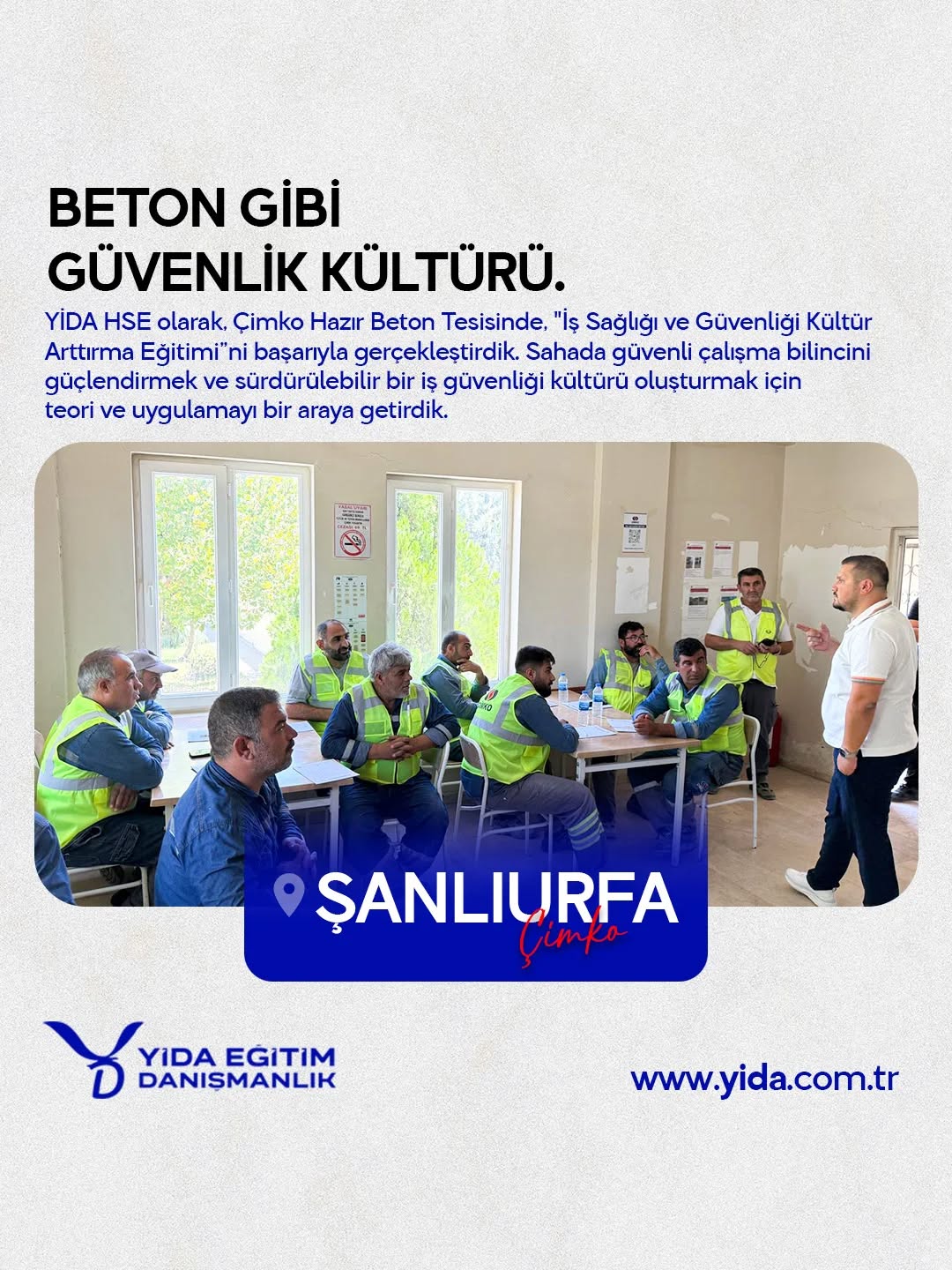 YİDA HSE olarak, Çimko Hazır Beton Tesisinde, "İş Sağlığı ve Güvenliği Kültür Arttırma Eğitimi"ni başarıyla gerçekleştirdik. Sahada güvenli çalışma bilincini güçlendirmek ve sürdürülebilir bir iş güvenliği kültürü oluşturmak için teori ve uygulamayı bir araya getirdik.
#işsağlığıvegüvenliği #İSG #eğitim