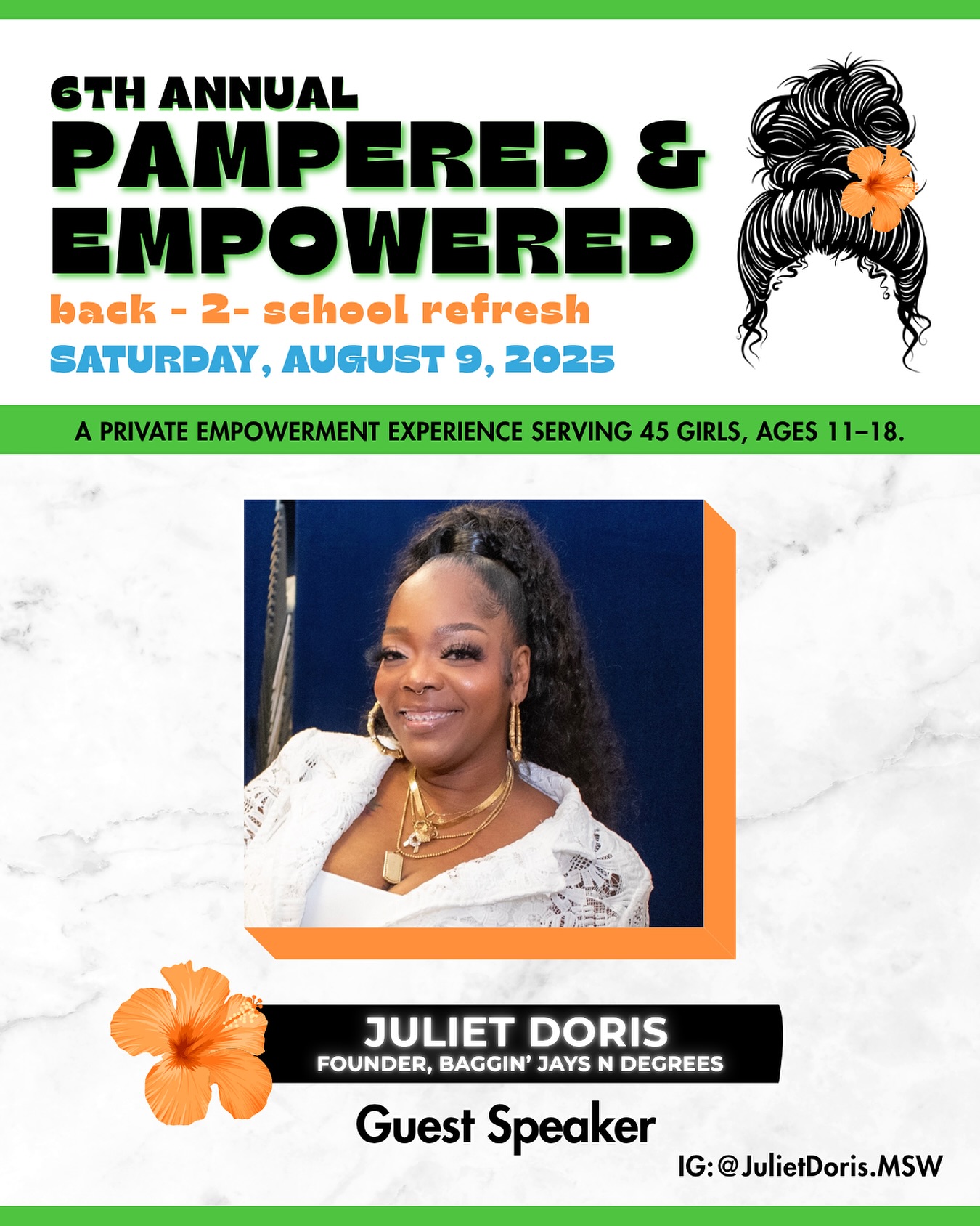 Pouring into young ladies is her passion 💚✨
Juliet Doris, Founder of Baggin’ Jays N Degrees, joins P&E tomorrow to encourage our girls to dream big and walk boldly into their futures. 🧡
#PamperedAndEmpowered #RebuildAltadena #PE25