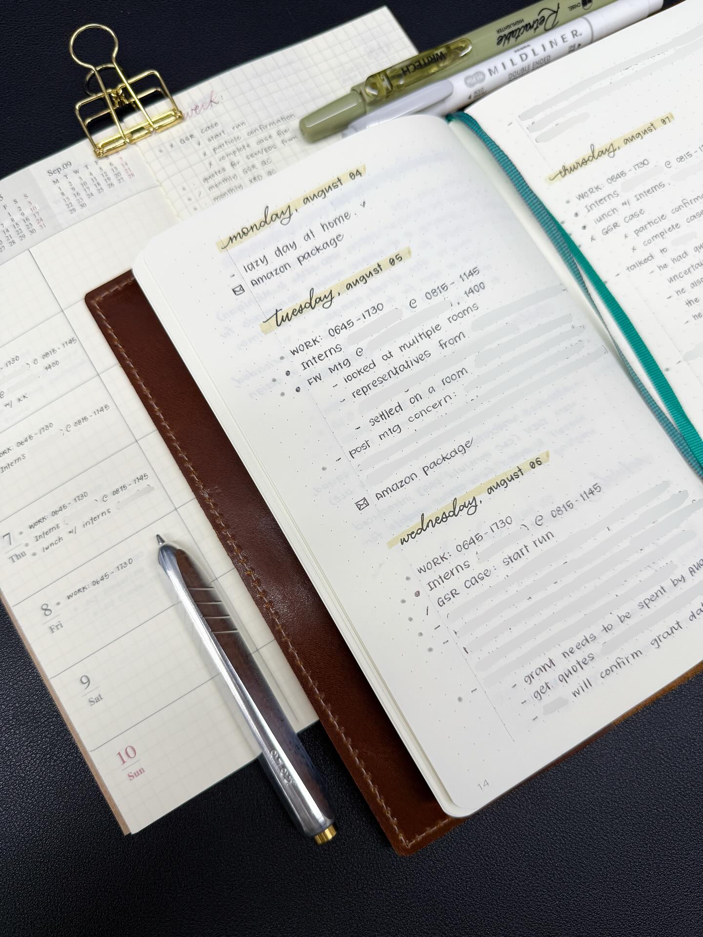 OMG. We’re a week into August already?!? 😳
July absolutely flew by, and honestly, it sucked a lot… I worked a lot of overtime over the holiday weekend. Then I was super sick the following weekend. & Work felt like a constant battle. Things are finally calming down for me at my day job. Hopefully, it stays that way long enough for me to catch my breath. 🤞
So because of the craziness of July, my Hobonichi Cousin experiment did not last long. I’m currently in a B6+ size Leuchtturm1917 for my daily logs, and I’m using a Traveler’s Company Weekly + Memo as a weekly overview and for meetings and appointments. I just need to accept that my job is simply too hectic to use a dated planner as my main notebook. There’s something about a clean page, free of any distractions that allows my daily logs to flow. I’ll definitely be keeping this in mind as I think about my 2026 line up.
So how’s everyone doing? I hope your August is going well! 💕
Photographed:
@leuchtturm1917usa B6+ dot grid notebook
@travelers_company Dated Weeks + Memo
Kolo Tino Aluminum Ballpoint gifted from @topdrawershop
Zebra Mildliner (gray dot to mark work tasks/notes)
Wearingeul Highlighter (for the date)