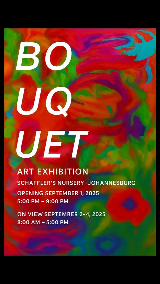 🌸 You're Invited to “BOUQUET” – An Art Exhibition by Yedidya Falkson 🌸
This spring, experience BOUQUET — a solo exhibition of vibrant floral oil paintings by Yedidya Falkson. Each 45 × 45 cm canvas captures the emotional and expressive beauty of flowers.
📍 Schäffler's Nursery, Johannesburg
Opening Night
📅 Monday, 1 Sept 2025
🕔 5:00 PM – 9:00 PM
🎤 Opening speech at 7:00 PM
Public Viewing
📅 Tues 2 – Thurs 4 Sept 2025
🕗 8:00 AM – 5:00 PM daily
We’d love to celebrate the start of spring with you 🌷