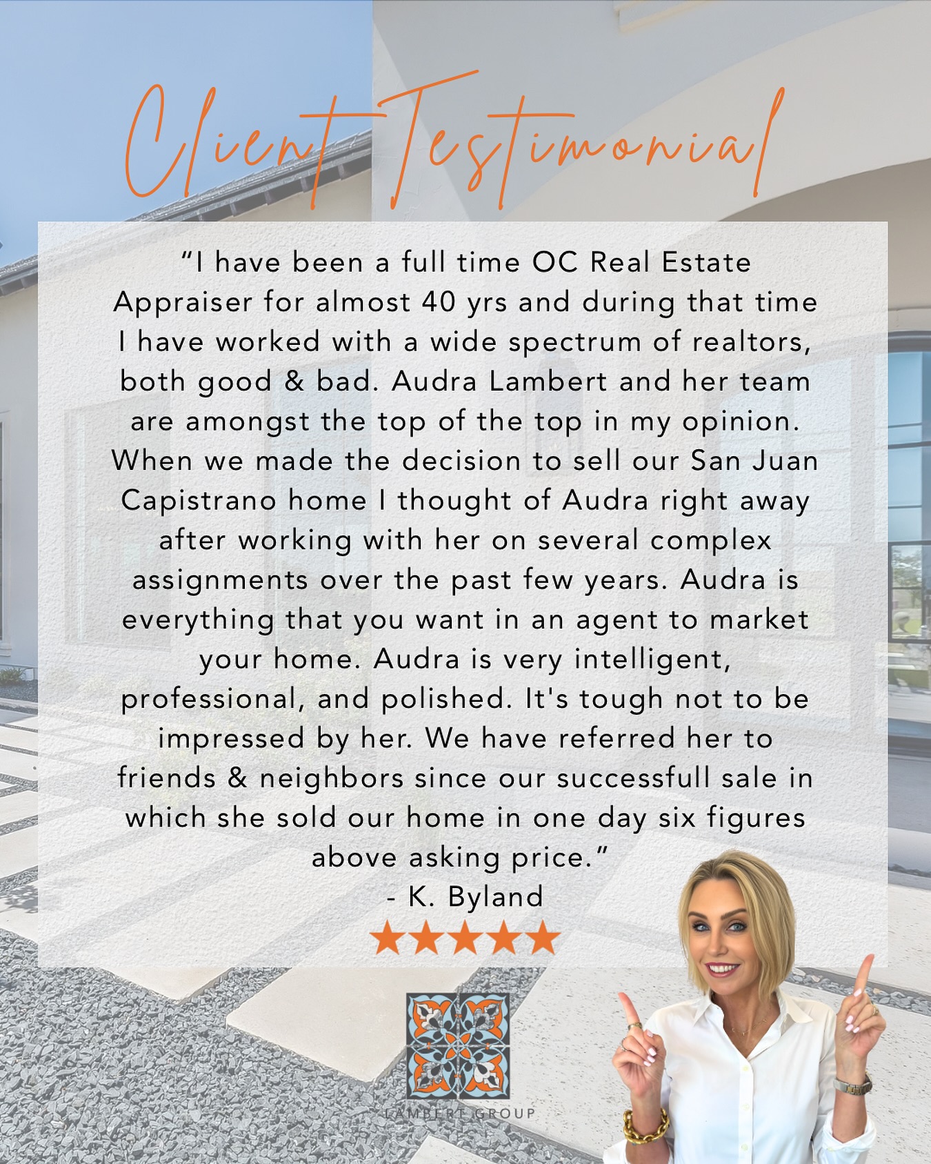 It’s always an honor to receive praise from a fellow industry professional 🤝🧡
Thank you for taking the time to share such kind words!
Collaboration, respect, and professionalism go a long way in making every transaction smooth — and we pride ourselves on exactly that.
Audra Lambert | Realtor®
DRE 01909872
📞 (949) 697-2232
📧 audra@lambertgrouphomes.com
Realty One Group West
#IndustryRespect #RealEstateProfessionals #AppraiserApproved #AudraLambertGroup #TopRealtor #RealEstateExcellence #FiveStarService #OCRealEstate #ProfessionalReputation #RealEstateWithIntegrity #SmoothTransactions #RealEstateNetwork #TrustedAgent #RealtorCollaboration #RealEstateExpertise #ClientExperience #HomeSales #RealEstateTeamwork
