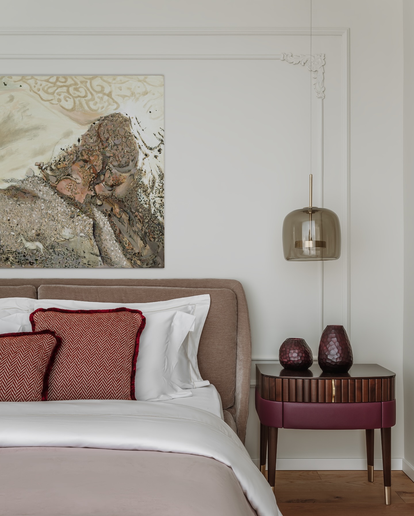 A serene master suite with an en-suite bathroom, offering a private retreat for the homeowners.
Deep grey walls create a cocoon-like atmosphere, softened by warm walnut details and luxurious Dedar textiles. Built-in furniture blends seamlessly into the architecture, keeping the space refined and uncluttered. Sculptural lighting casts gentle shadows, adding a layer of intimacy that shifts with the time of day.
www.sfdesigninteriors.com
📩office@sfdesign.at
📍Boesendorferstrasse 4, Vienna