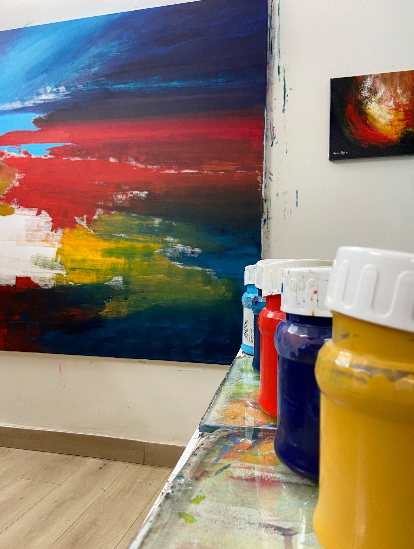 Studio view with a 5x5 Ft work in progress painting.
#studioview #acryliconcanvas #contemporaryartist #tveshasingh #abstraction #abstractlandscape #abstractimpressionism #abstractartworks #artiststudio #artstudiolife