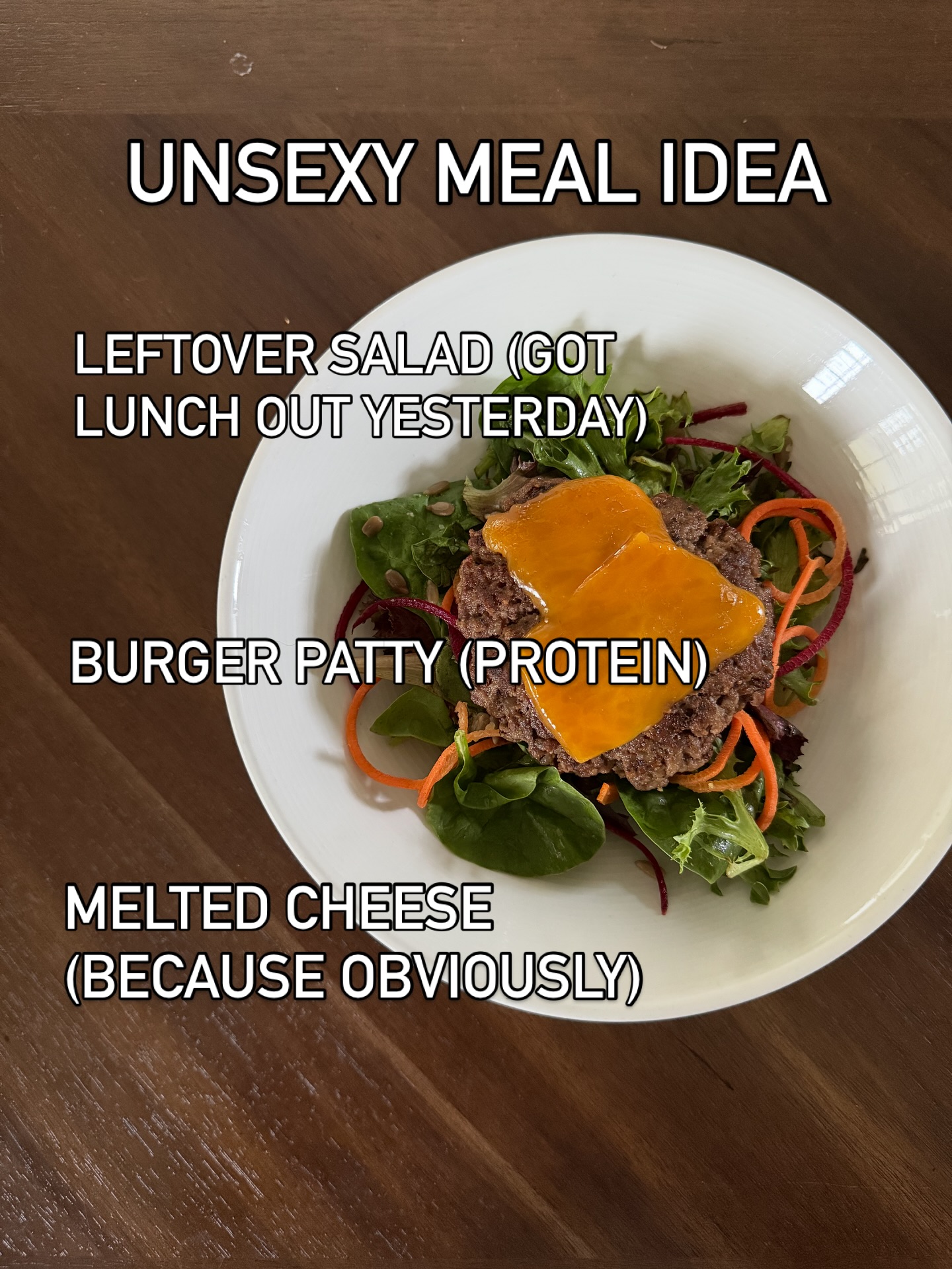 Unsexy meals continues: burger bowl
- meal prepped cheese burger patties
- had salad leftover from lunch out yesterday
Easy as that! 🥗
•
💕 Tyler & Stephanie, NBC-HWC
🔗 www.fitfierceandfemale.com
📞 843.779.5779
💌 fitfierceandfemale@gmail.com
📱 @fitfierceandfemale
•
#healthcoach #charlestonmoms #healthylifestyle #healthjourney #fitfierceandfemale #femaleempowerment #nutrition #dinner #lunch #unsexymeals #unsexydinner #proteinandproduce #burgerbowl