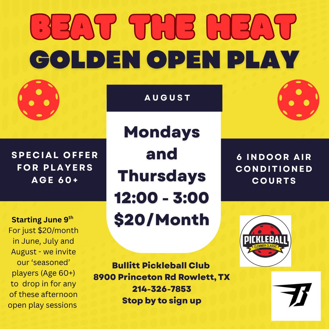 NEW Hours for August Bullitt Golden Hours. Mondays and Thursdays 12:00 - 3:00
Calling all 60+ Pickleball Players - great opportunity to Beat the Heat this summer at the BULLITT Pickleball Club (Monday and Thursday afternoons).
First time FREE! Come see what Bullitt Pickleball and Clemmer Classic Pickleball have JUST FOR YOU!!!! Finally, 60-100 year olds have a safe indoor place to play!!!
#dallaspickleball
#pickleballnorthtexas
#planopickleball
#pickleballlife
#pickleball
#pickleballrocks
#pickleballaddict