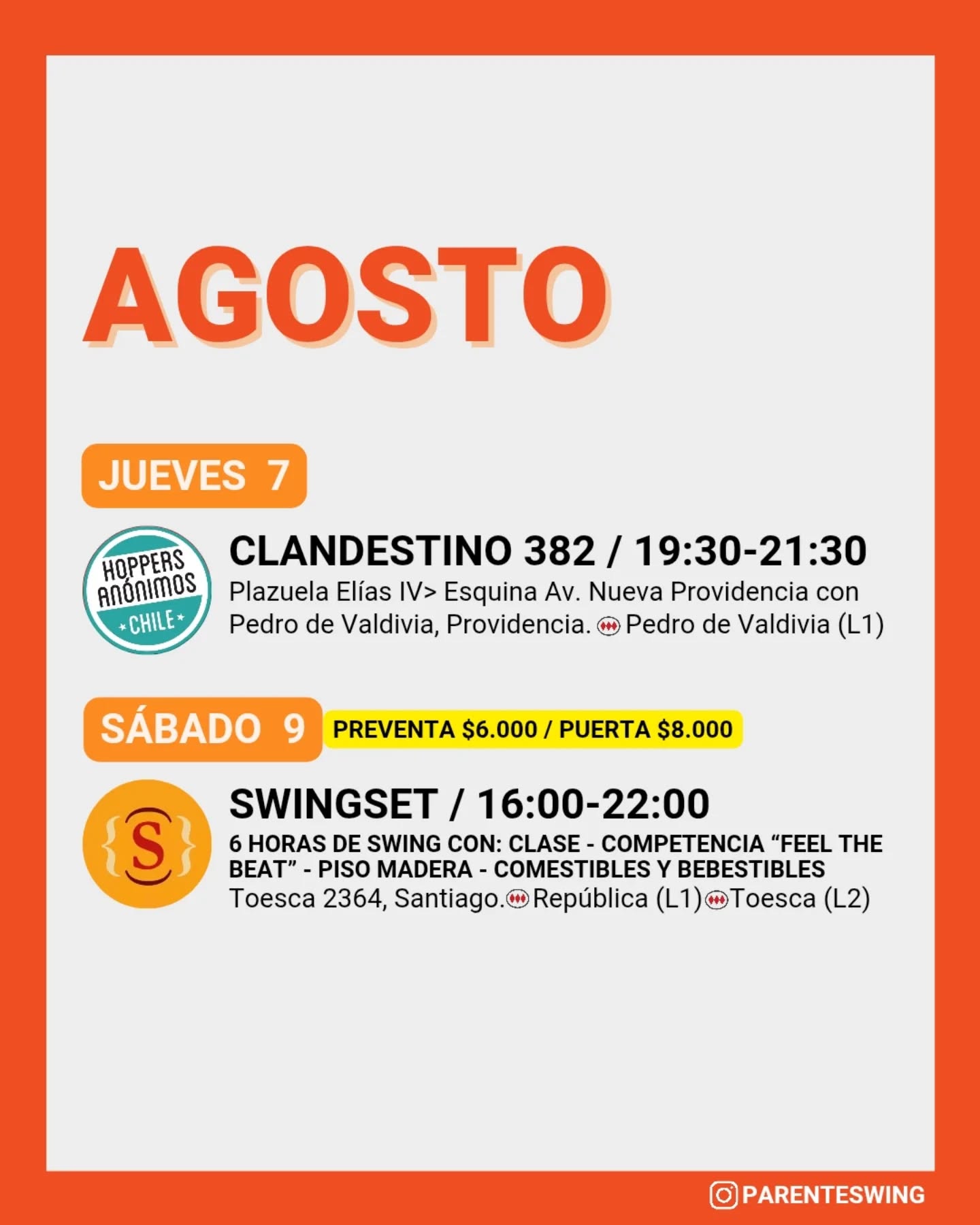 ✨Todos los eventos son gratuitos y abiertos a todo público, a menos que se indique valor de entrada 💸
‼️Cualquier modificación o nuevo evento en los comentarios👇🏻 y/o por historias 👆🏻
🤔 Qué es una Jam, Clandestino o Baile Social?
Una instancia donde fanáticos de los bailes swing (Lindy hop, Balboa, Shag, Solo jazz) se reunen a compartir, hacer comunidad y a la vez, practicar.
❌ Las actividades publicadas NO son instancias de clases para aprender a bailar, a menos que se indique “Taller” o “Clase Abierta”.
👀 Quieres aprender a bailar?
En nuestra historia destacada “CLASES” está toda la información y formularios de inscripción a los cursos del mes de las escuelas de bailes swing ✨
Nos vemos en la pista! 💃🏻🕺🏻🔥
#danzachile #lindyhopchile #swingchile #bailechile #eventoschile #danzasantiago #santiagodechile #panoramasgratis #swingdancechile #swingdancingchile #lindyhopperschile #panoramasgratis #panoramagratis #santiago