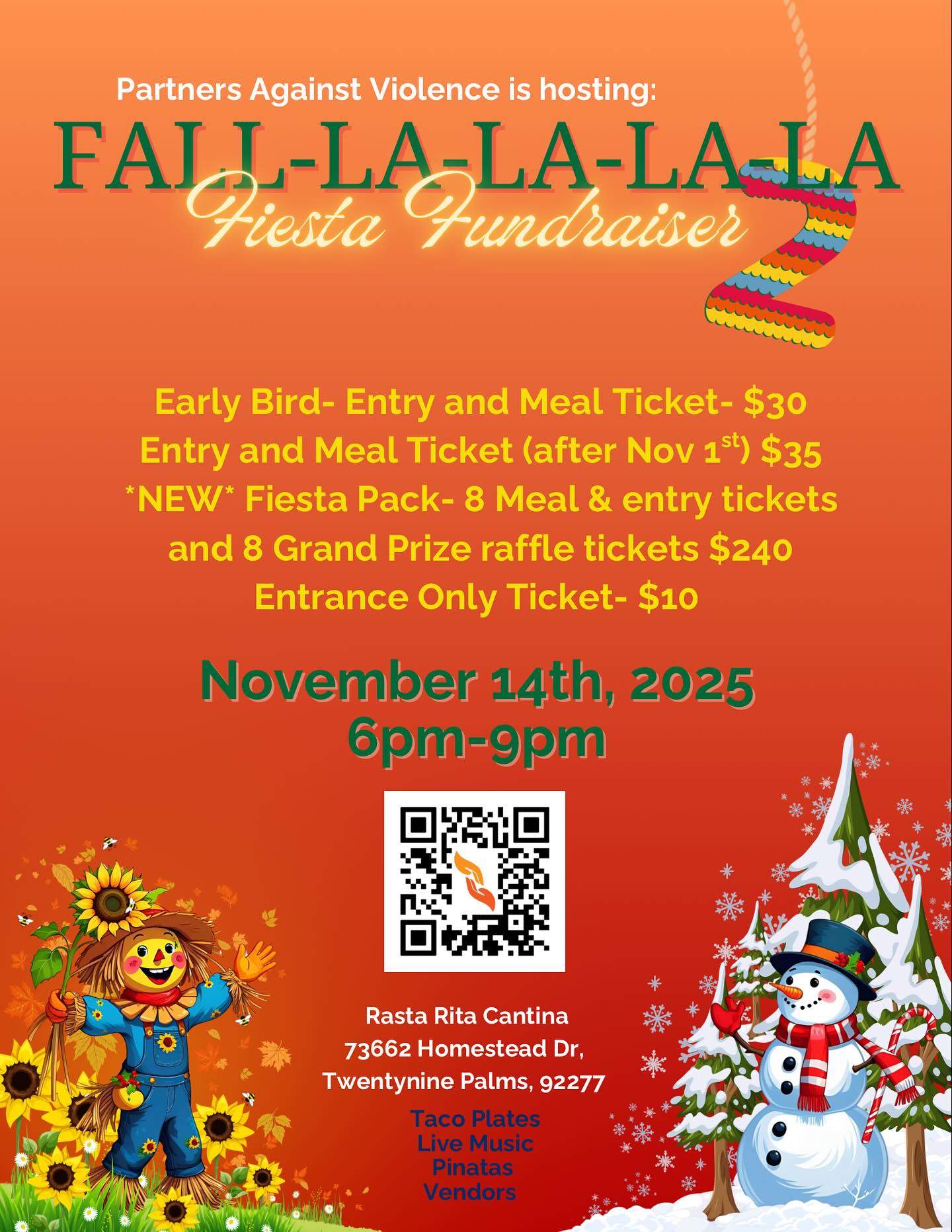 You came, you played, you shopped, you asked for more! And we are bringing you more! Back by popular demand: Fall-La-La-La-La Fiesta 2! Join us in the desert for a night of fun to support survivors. @rastaritacantina is hosting us again! Tickets go on sale today. Check out the website for updated vendor info.
*Early Bird tickets are available until October 31st.
*Fiesta Packs include 8 tickets at the Early Bird price, plus 8 chances to win the Grand Prize.
*Tickets will be available at the door, but meals will be subject to availability.
We can’t wait to get this party started!