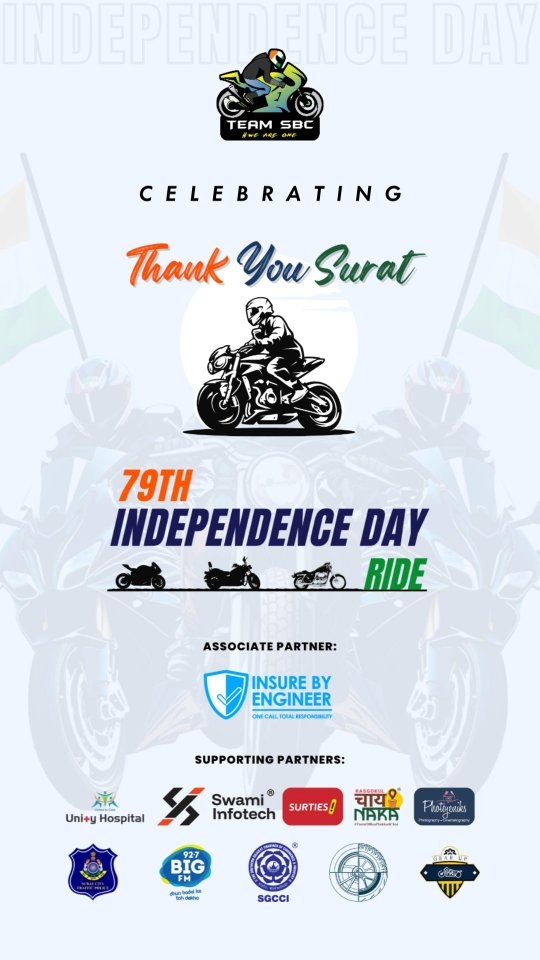 Surat, you chose awareness over ignorance — helmets over hurry, and discipline over excuses.
Your actions have made this city safer.
To honour this spirit, Team SBC invites you to the
“Thank You Surat” Motorcycle Ride on 15th August,
celebrating the 79th Independence Day with pride.
👇🏻
Ride for Surat. Link in bio.
Surat Motorcycle Ride, 79th Independence Day, Road Safety Awareness, Responsible Riding, Team SBC Ride, Patriotic Celebration
#79thIndependenceDay #TeamSBC #SuratRides #RideWithPride #MotorcycleRide #SafetyOnRoad #JaiHind