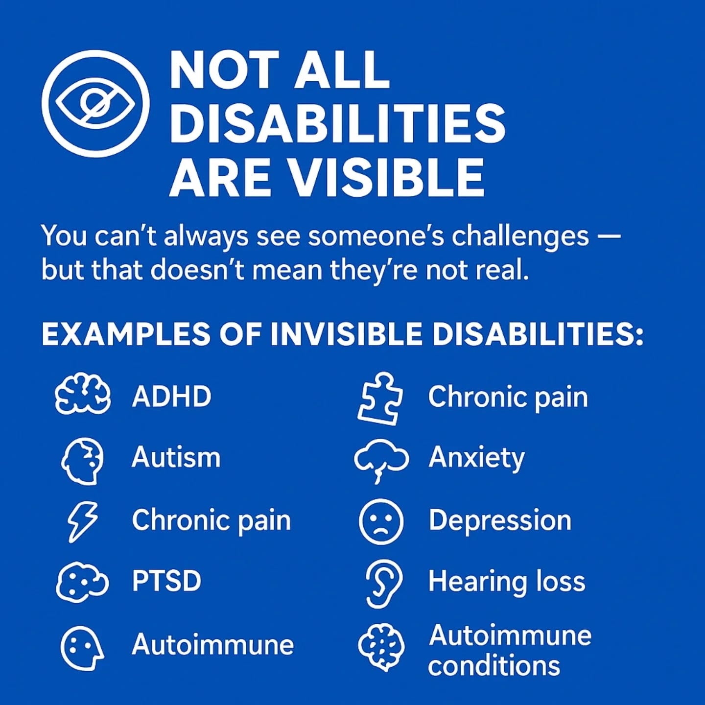 🌀 Not All Disabilities Are Visible
💡 You can’t always see someone’s challenges — but that doesn’t mean they’re not real.
💬 Why it matters:
When we only think of disabilities as wheelchairs, crutches, or canes, we leave many people unseen. Invisible disabilities can affect energy, focus, movement, senses, or emotional well-being — even when someone “looks fine.”
✨ Remember:
Avoid judgment based on appearance
Believe people when they share their needs
Accessibility benefits everyone
💙 Kindness is free. Understanding is powerful.
#InvisibleDisability #DisabilityAwareness #Inclusion #AccessibilityMatters #ChronicIllnessAwareness