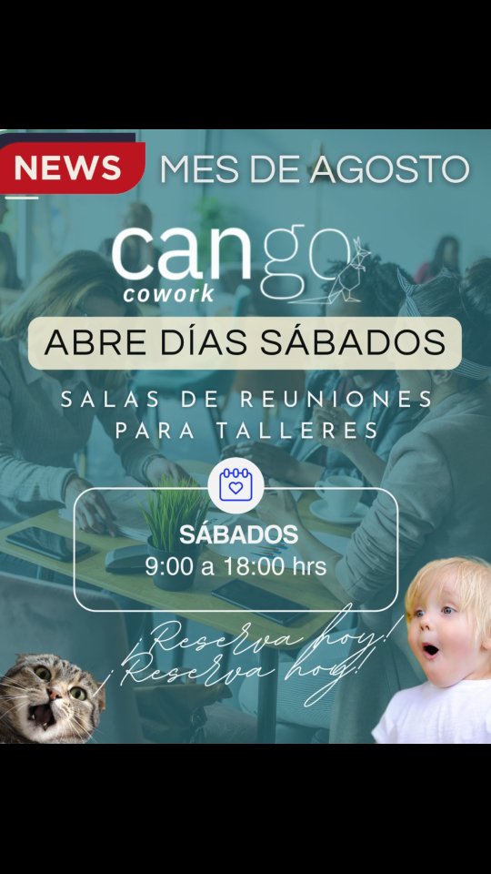 📣CANGONEWS💕
¡Tenemos buenas noticias!
Cango Cowork abrirá sus puertas por el mes de Agosto a todos quienes deseen realizar talleres. 🖌️🎨🖼️🖍️🪡🧵🎭
Nuestras salitas de reuniones se encuentran disponibles para arriendo días 👉🏻 SÁBADOS! 😍
Recuerda que son sujetas a disponibilidad y la reserva solo se confirma con el comprobante de pago.
Tenemos 2 salas con capacidad para 8 personas disponibles!
Reserva ahora 💻 📱+569 97102976
No pierdas esta oportunidad! ☺️
#talleres #coworking #salasdereunión #sabado