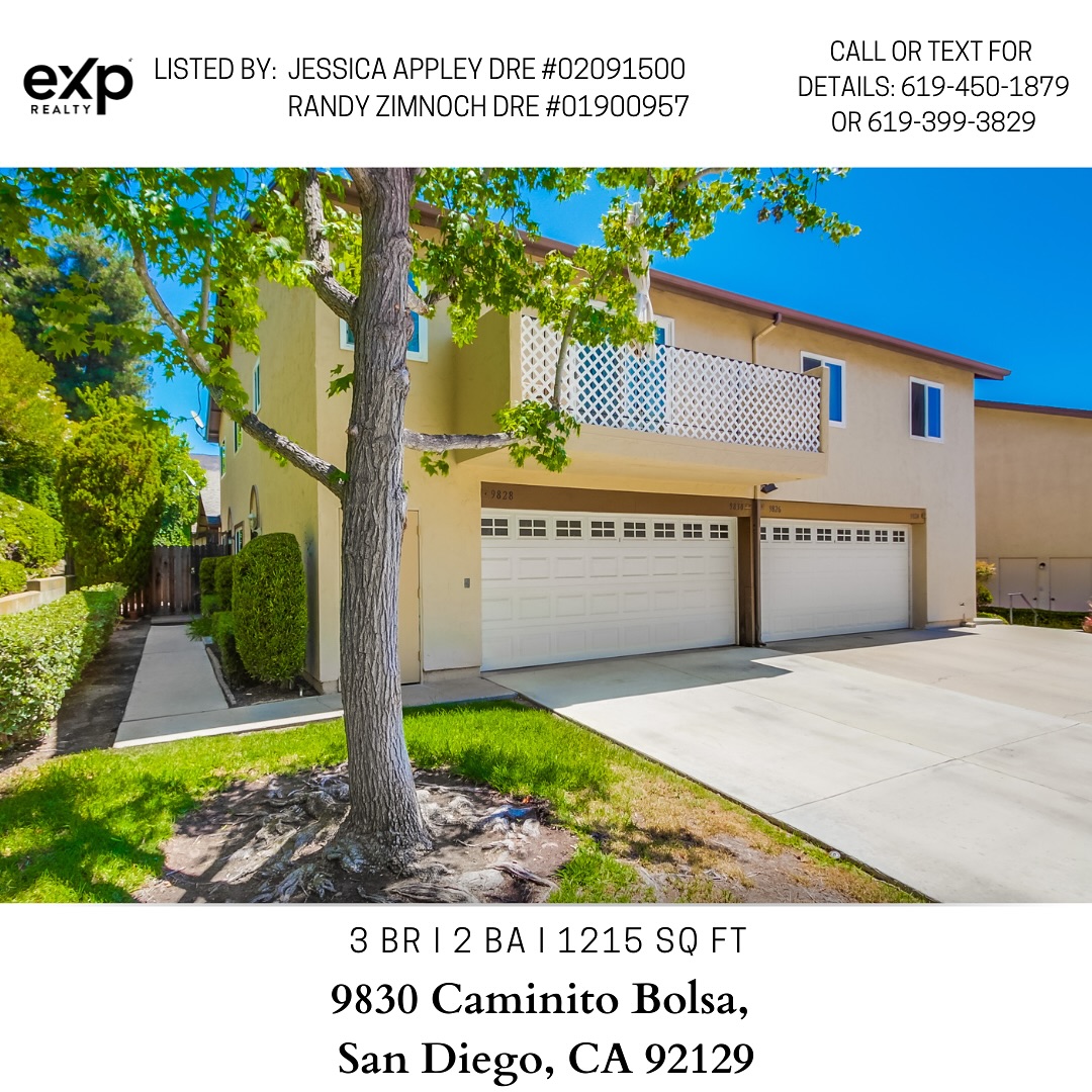 This turnkey Rancho Peñasquitos townhome offers 3 bedrooms, a large private patio, and a peaceful location with access to top-rated schools — all under $700,000. As an end-unit, it features one of the largest patios in the community with no rear neighbors. Inside, you’ll find new carpet, paint, ceiling fans, energy-efficient heaters, granite countertops, LED lighting, and an attic fan. Additional highlights include a garage with built-in storage, extra driveway parking, in-unit laundry, and newer energy-efficient windows. HOA covers water, trash, and access to the community pool. Located in the Penasquitos Pines neighborhood within the award-winning Poway Unified School District.
Contact Jessica Appley at 619-450-1879 or Randy Zimnoch at 619-399-3829 with any questions.
Reach out to us if you need a great team to guide you with buying or selling your home.
#exprealty #exprealtyproud #ONEexp #eXpsuccess