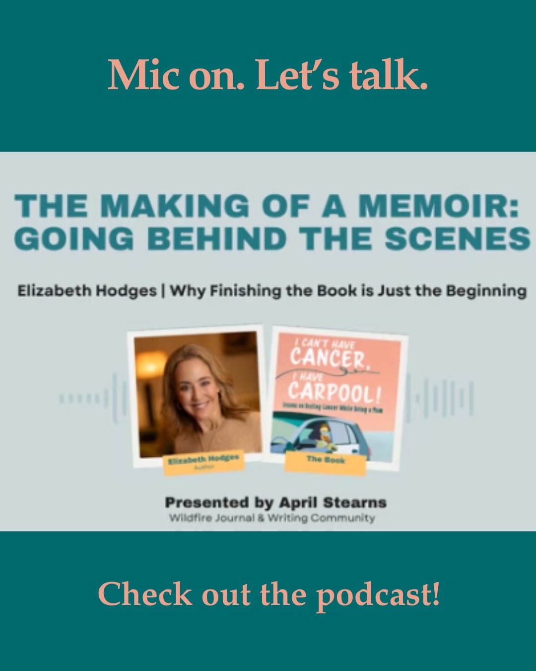 🎙️Podcast with Wildfire Magazine
I had the joy of speaking with April Sterns, founder of @wildfire_bc_magazine, on her podcast about “The Making of a Memoir”, and why finishing your book is just the beginning.
We talk about how and when I wrote my story (spoiler: I wasn’t a writer when I started!) and what it really takes to share your book with the world.
If you’ve ever thought about writing about your cancer experience, you’ll want to hear this.
Link in bio to listen ⬆️
p.s. Forgive the disheveled look in the video—I had just finished moving my parents that day. Real life, right?
#momswithcancer #motherswithcancer #ICantHaveCancerIHaveCarpool #podcastinterview #writingtips