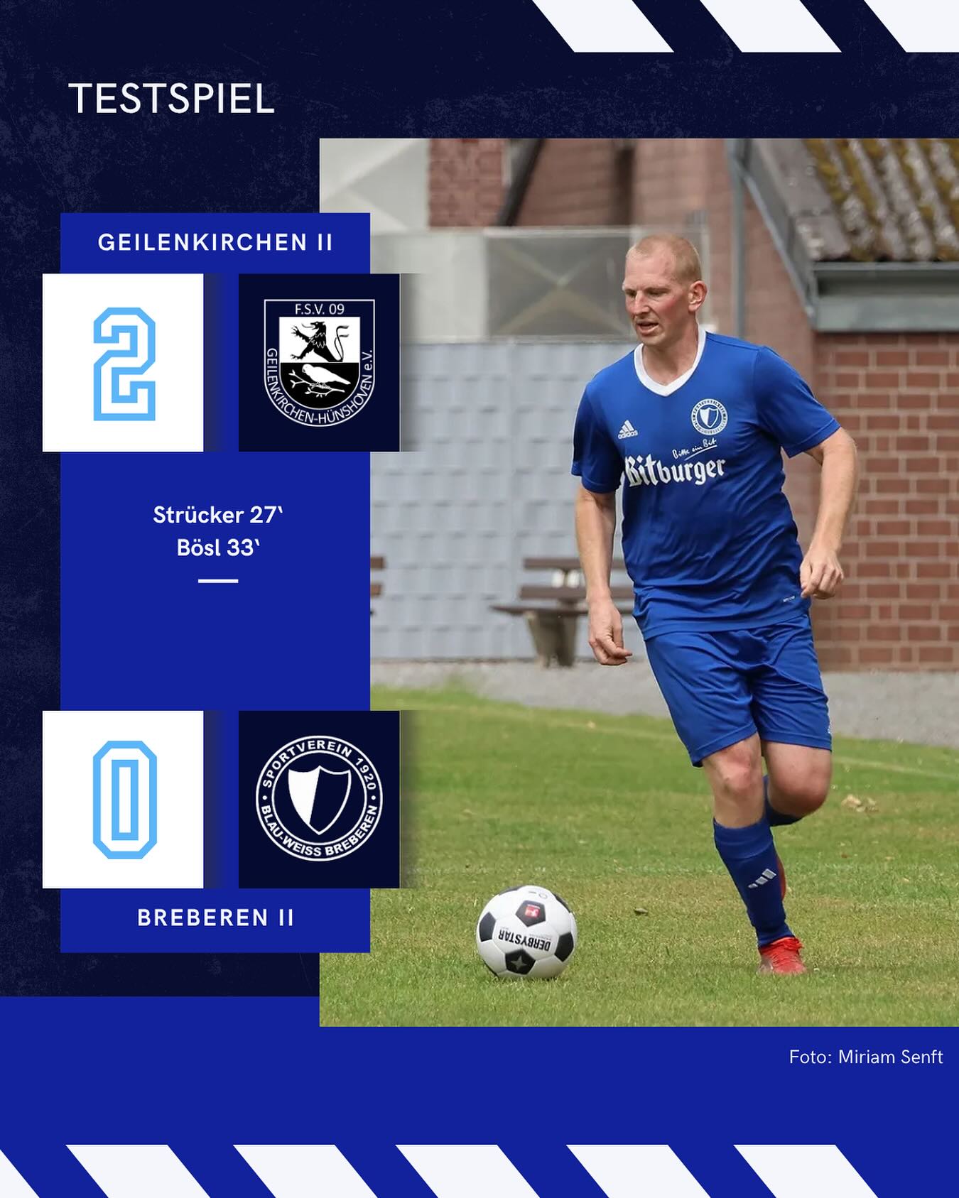 🔵⚪️ Erste Standortbestimmung für unsere Zweite ⚪️🔵
Am vergangenen Donnerstagabend stand für unsere Zweite Mannschaft das erste Testspiel der Sommervorbereitung an – auswärts beim @fsvgeilenkirchen II, der eine Klasse höher spielt.
Trotz engagierter Leistung mussten wir uns mit 0:2 geschlagen geben. Beide Gegentreffer fielen in der ersten Halbzeit – darunter ein Elfmeter in der 33. Minute.
In der zweiten Hälfte zeigte unser Team Moral, hielt defensiv besser dagegen und erarbeitete sich eigene Chancen – am Ende jedoch ohne Torerfolg.
Gegen einen starken Gegner war es ein ordentlicher Auftakt mit noch Luft nach oben. Jetzt heißt es: Weiterarbeiten und die nächsten Schritte in der Vorbereitung machen! 💪🏻 @svbreberen2
📸: @miriamsenft