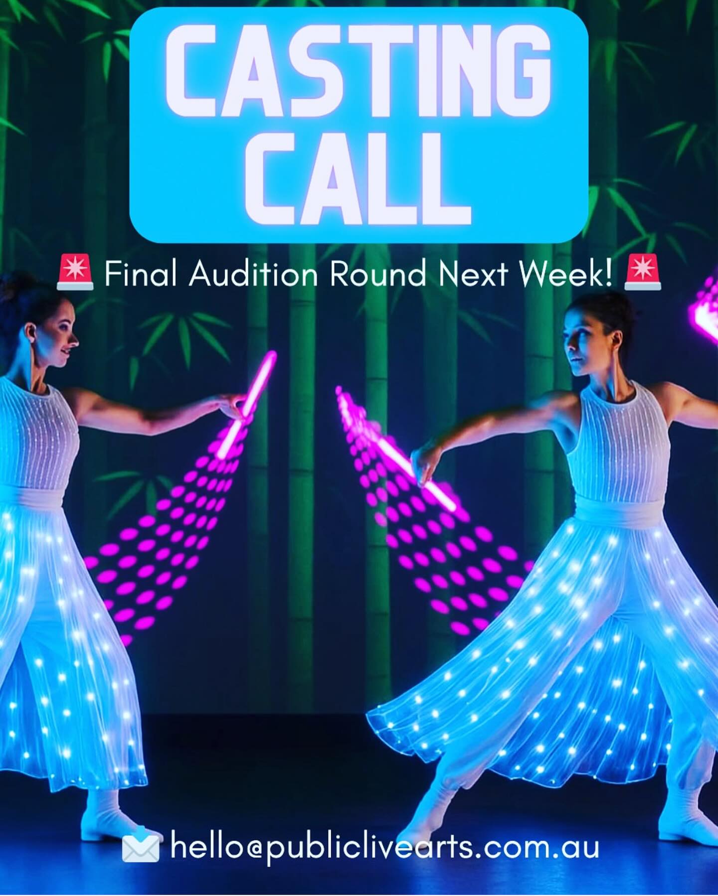 🚨 Final Audition Round Next Week! We are down to the wire on casting our groundbreaking new act – a fusion of dance, acrobatics, and visual spectacle.
This is your last chance to join the exclusive cast and co-create something bold, beautiful, and built for both stage and roving gigs.
💥 Learn a brand-new specialty skill
💥 Be part of all future paid bookings
💥 Help shape the creative vision from the ground up
📅 Final auditions: Sydney CBD, week of 10–17 August
📩 Hurry! Send your CV/showreel, contact number + a short intro to:
👉 hello@publiclivearts.com.au
#CastingCall #DanceCircus #FinalRound #DancerAcrobat
#NewWork #SydneyDancers #MovementArtists
#CircusMeetsDance #GetInQuick