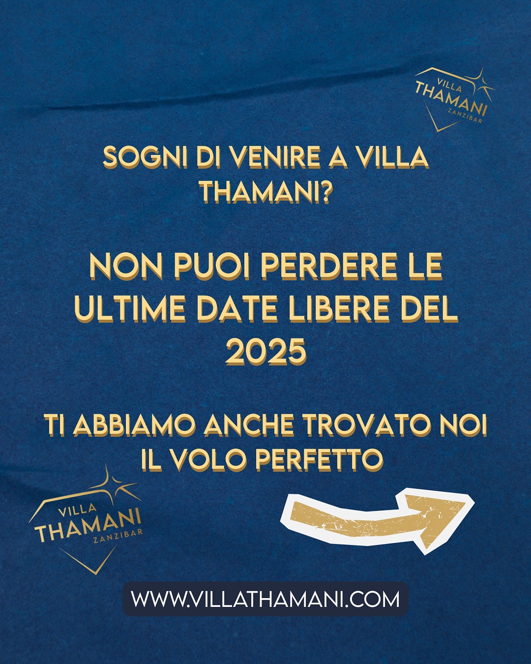 🏝 L’occasione ti sta chiamando…
Milano ✈️ Zanzibar
📅 30 OTTOBRE – 6 NOVEMBRE
💶 € 764 a persona
🛫 Ethiopian Airlines
Non possiamo prenotarlo per te…
Non possiamo fare la valigia al posto tuo…
Possiamo solo dirti che a Villa Thamani il mare, il sole, il villaggio, l’alba e il nostro staff ti stanno già aspettando… 💛