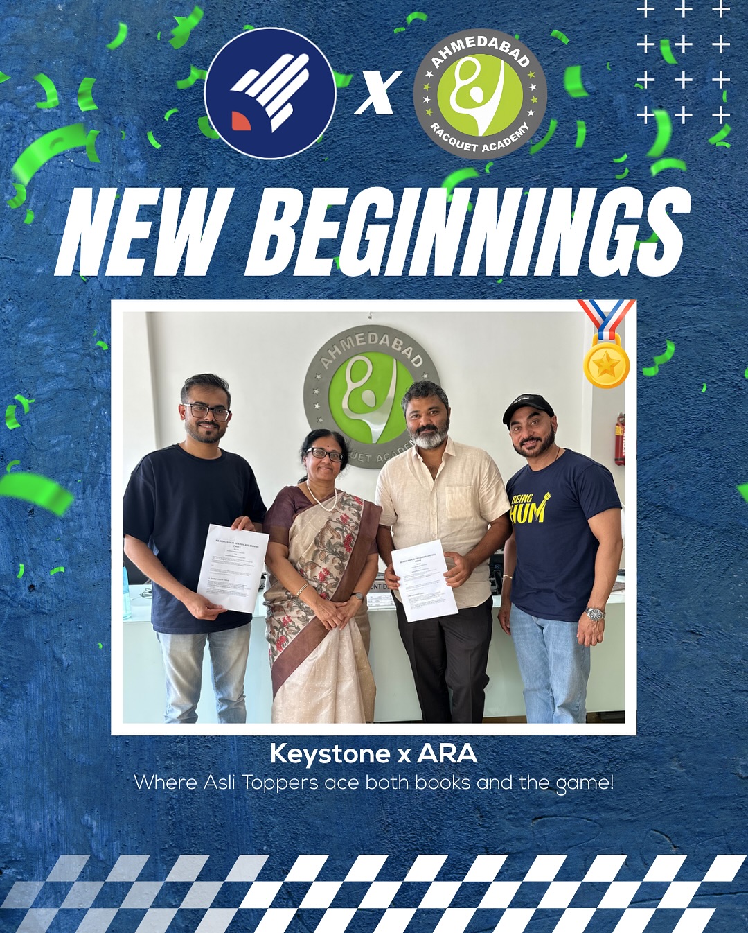 We’ve got some exciting news! Keystone Academy and Ahmedabad Racquet Academy (ARA) have officially joined forces.
Founder of Keystone Academy, Ruchik Gandhi, and ARA Director, Krinesh Patel, just signed a Memorandum of Understanding. This means students can now be Asli Toppers by both studying and training at the same location.
This partnership is all about giving our students the best of both worlds, helping them excel in academics and sports without having to choose between the two. We believe this will empower our young athletes to reach their full potential on and off the court.
#KeystoneAcademy #AhmedabadRacquetAcademy #ARA #AsliTopper #SportsAndStudies #StudentAthletes #AcademicExcellence #SportsExcellence #GameChanger #MoU #Partnership #EducationAndSports #TrainAndStudy #FutureChampions #AthleteLife #SportsDevelopment