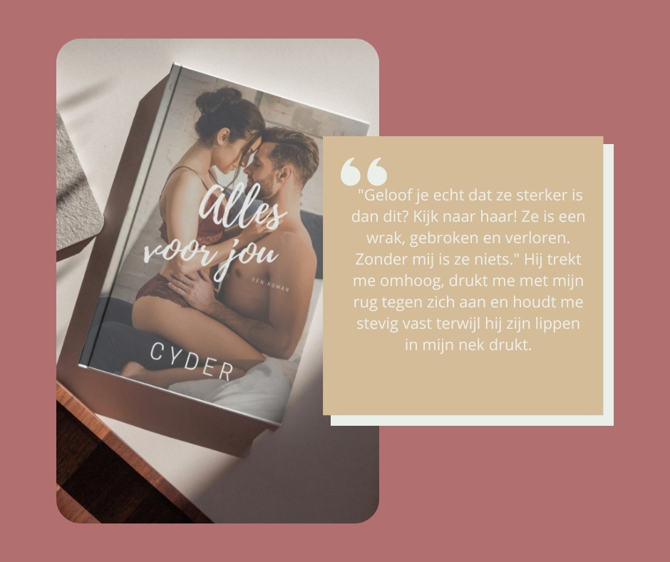 Heb je de reviews gezien maar twijfel je nog steeds of Alles voor jou iets voor jou is?
Dan laat ik het verhaal zelf spreken.
Dit fragment is maar één moment, één stukje van alles wat er tussen Jade, Ivy en Noah gebeurt.
Als dit je raakt, dan wacht de rest van het verhaal op je. Bestel via www.cyderbooks.be – gesigneerd, met extraatje.
#AllesVoorJou #CyderBooks #IndieAuteur #PsychologischeRoman #Bookreview #Hebban #BookstagramNL #Boekentip #RomantiekMetDiepgang #allesvoorons