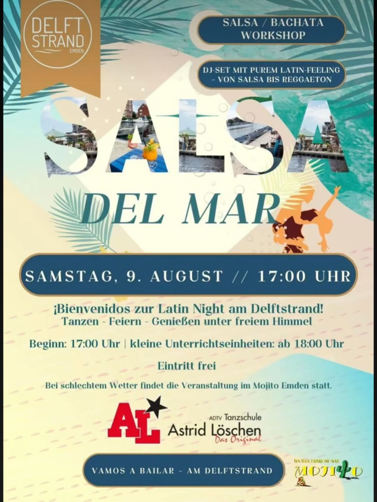 ¡Bienvenidos zur Latin Night am Delftstrand! 🇨🇺🌴
Am Samstag, den 09. August, wird’s heiß in Emden! Das Mojito Emden und die Tanzschule Astrid Löschen bringen Latin-Feeling direkt an den Strand – mit heißen Rhythmen, kühlen Drinks und ganz viel Lebensfreude.
🎶 Salsa & Bachata am Meer
Egal ob Anfänger oder Fortgeschrittene – ab 18:00 Uhr gibt’s kostenlosen Tanzunterricht direkt im Sand.
🍹 Tropische Cocktails & Summer Vibes
Unser Bar-Team mixt euch die besten Mojitos, Piña Coladas & Co. – perfekt für den Sonnenuntergang am Wasser.
🕺🏽💃🏽 DJ, Tanzfläche & gute Laune garantiert
Ab 17:00 Uhr geht’s los – mit Latino-Sounds, tanzbarer Musik und Urlaubsfeeling pur.
Also: Sommer-Outfit an, Freunde schnappen und ab an den Delftstrand!
🌅 Eintritt frei | Let’s dance & celebrate unter freiem Himmel!
Vamos a bailar – wir freuen uns auf euch!
Euer Mojito & die Tanzschule Astrid Löschen 💚
#mojitoemden #astridlöschendasoriginal💋 #emden #delftstrandemden @delftstrand_emden
