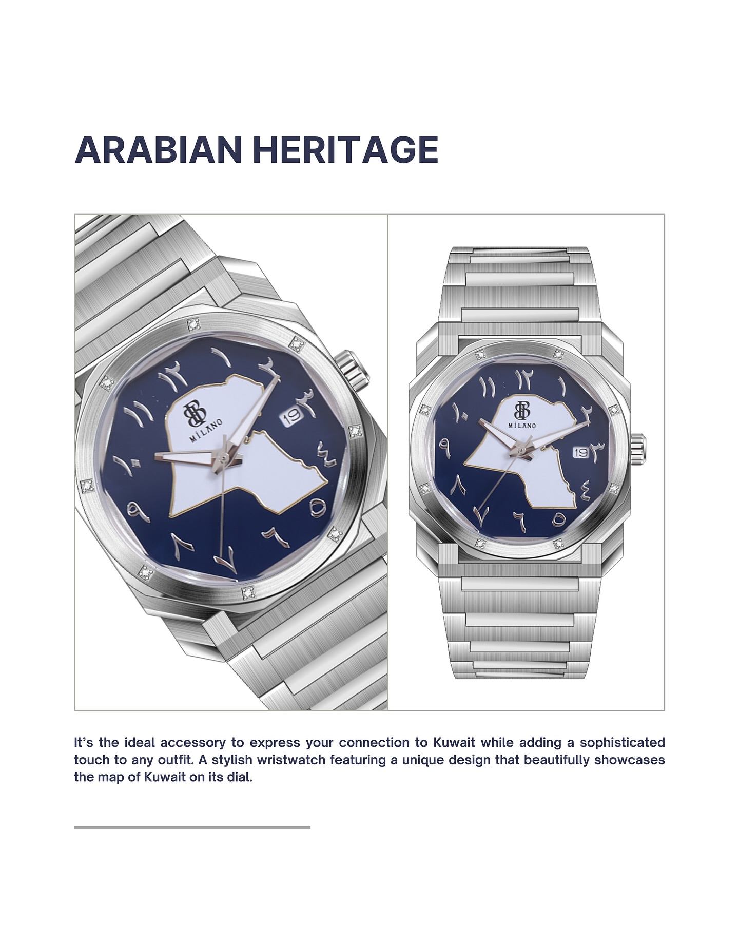 It’s the ideal accessory to express your connection to Kuwait while adding a sophisticated touch to any outfit. A stylish wristwatch featuring a unique design that beautifully showcases the map of Kuwait on its dial. 🇰🇼